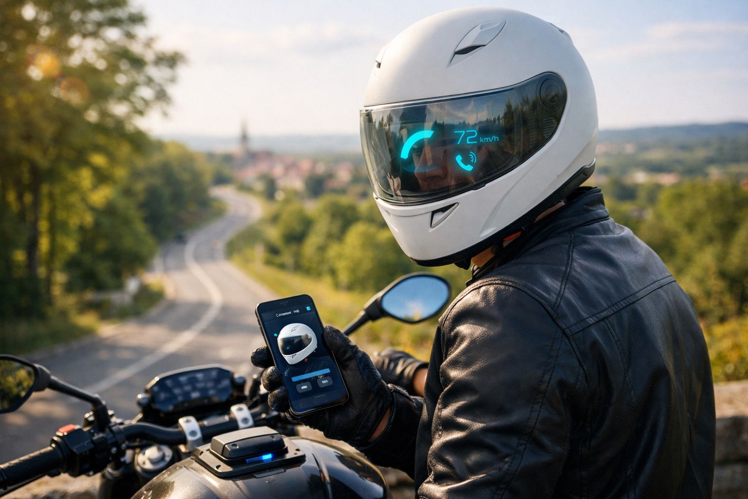 Motociclista com capacete branco e fato de couro consulta aplicação num smartphone num local com estrada e natureza.