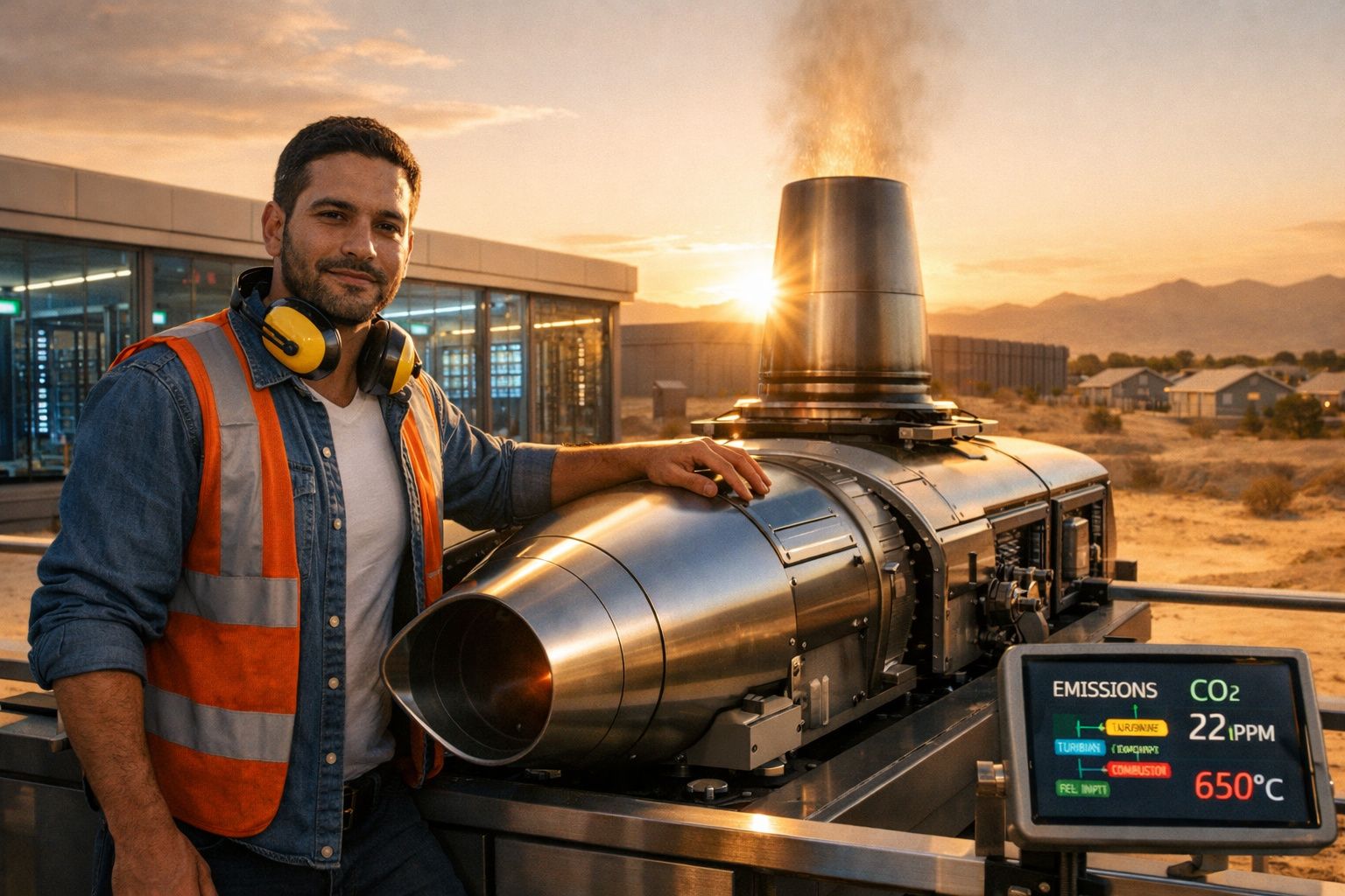 Homem com colete de segurança junto a equipamento industrial com emissão de gases ao pôr do sol.