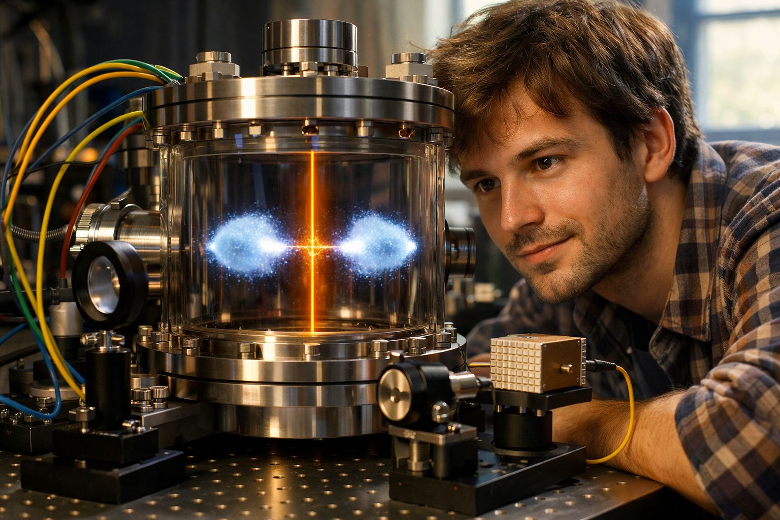 Homem a observar experimento científico com plasma azul num equipamento de laboratório moderno.