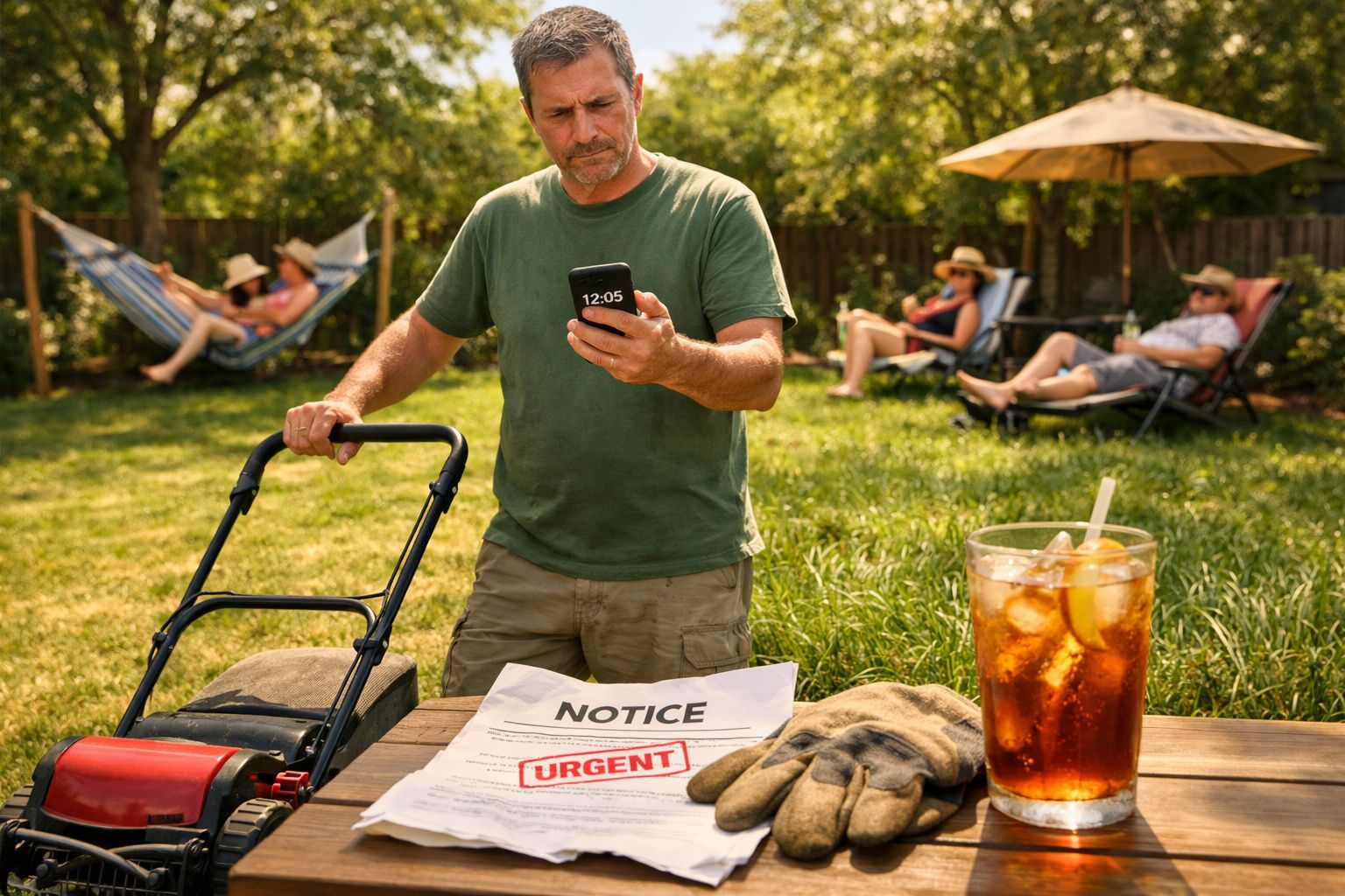 Homem a cortar relva e a olhar para telemóvel, com aviso urgente e bebida num jardim ensolarado.