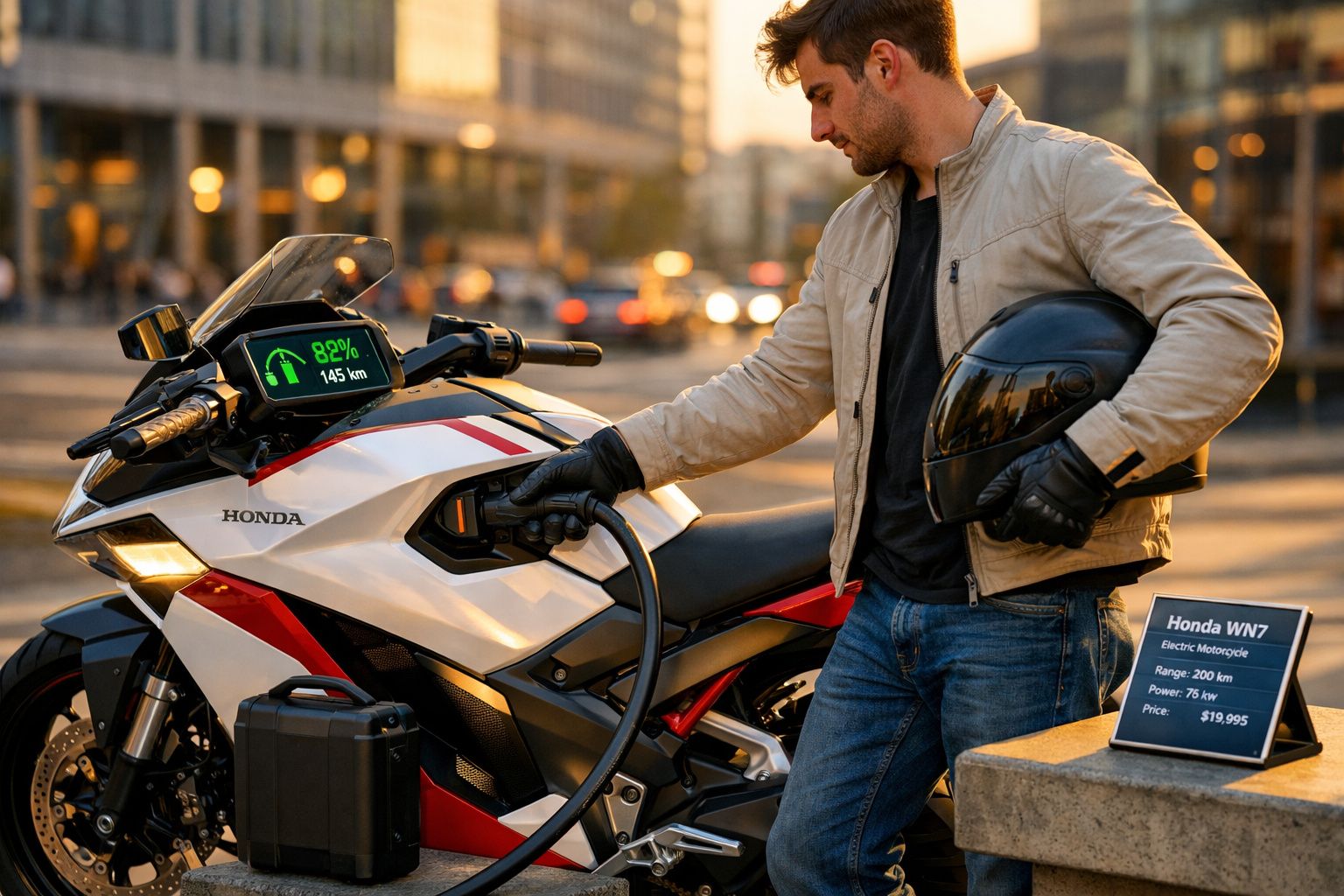 Homem a carregar mota elétrica Honda WN7 numa tomada num ambiente urbano ao entardecer.