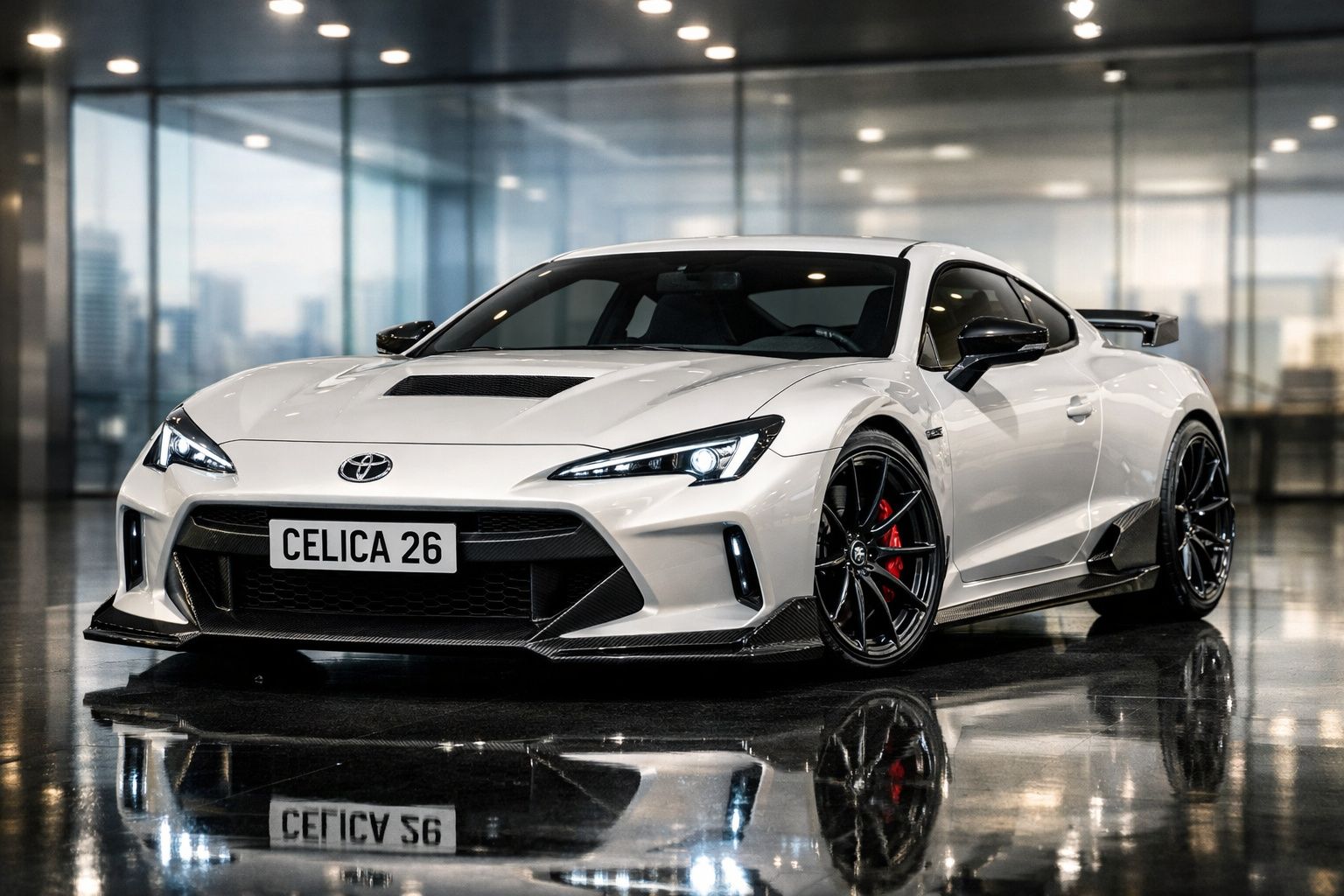 Carro desportivo Toyota branco com jantes pretas e pára-choques aerodinâmico num espaço interior moderno.