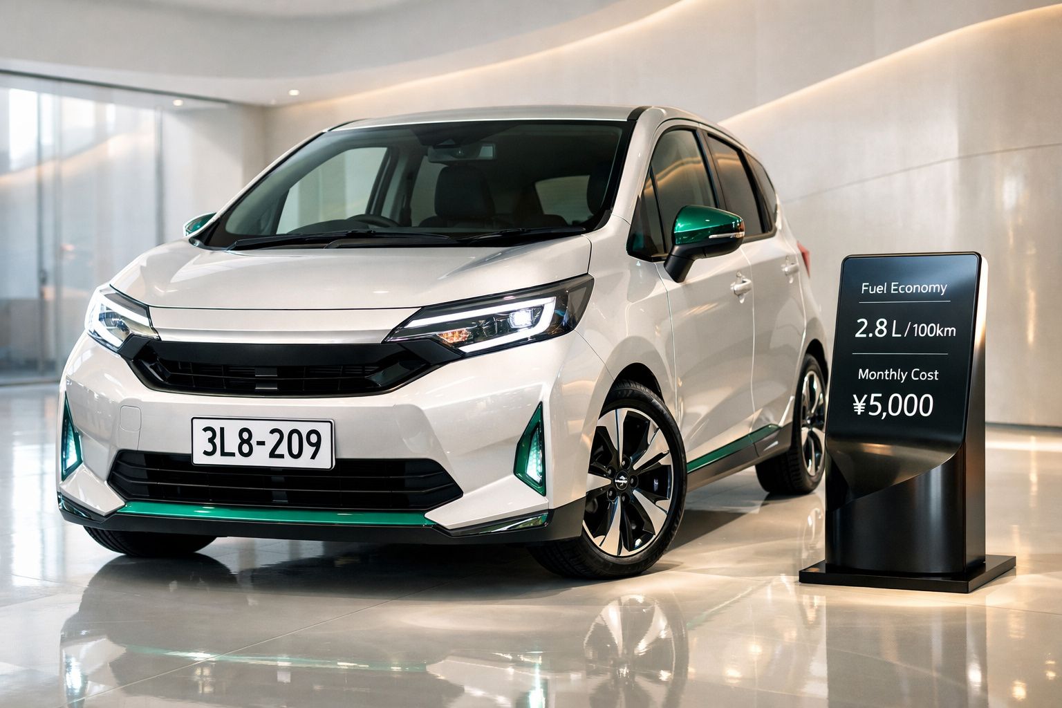 Carro branco moderno em exposição com placa e painel digital mostrando consumo e custo mensal em ienes.