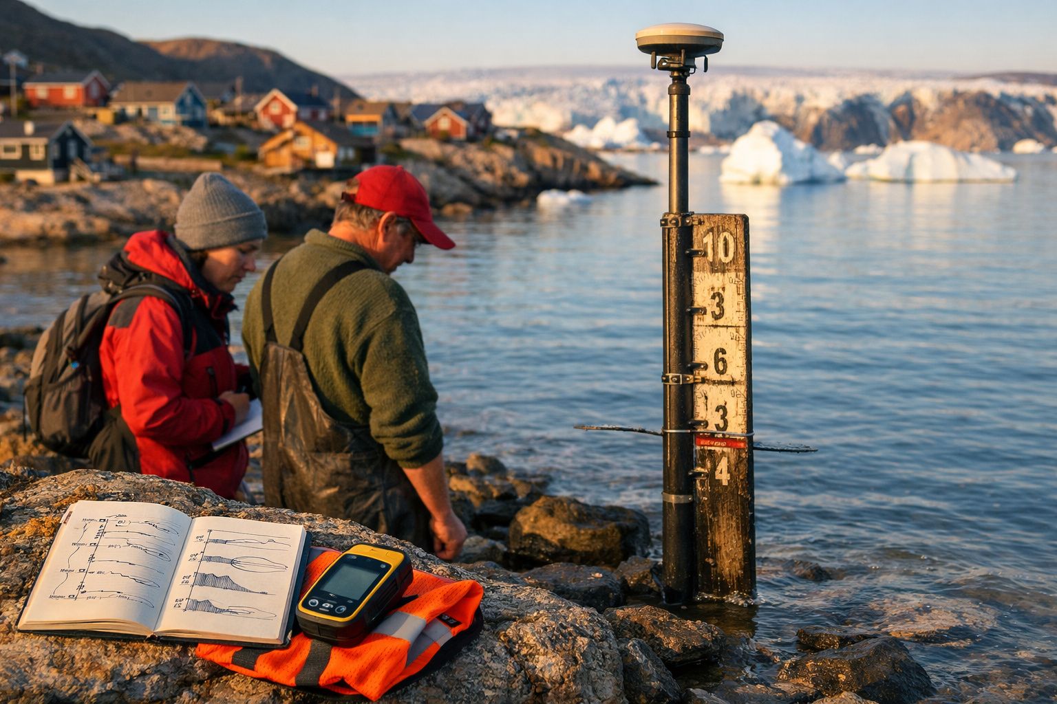 Duas pessoas junto a um medidor de água no lago perto de icebergues e casas costeiras.