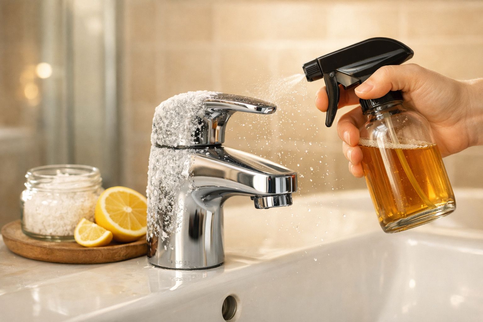 Mão a borrifar solução de limpeza numa torneira com resíduos brancos e limão cortado ao fundo.