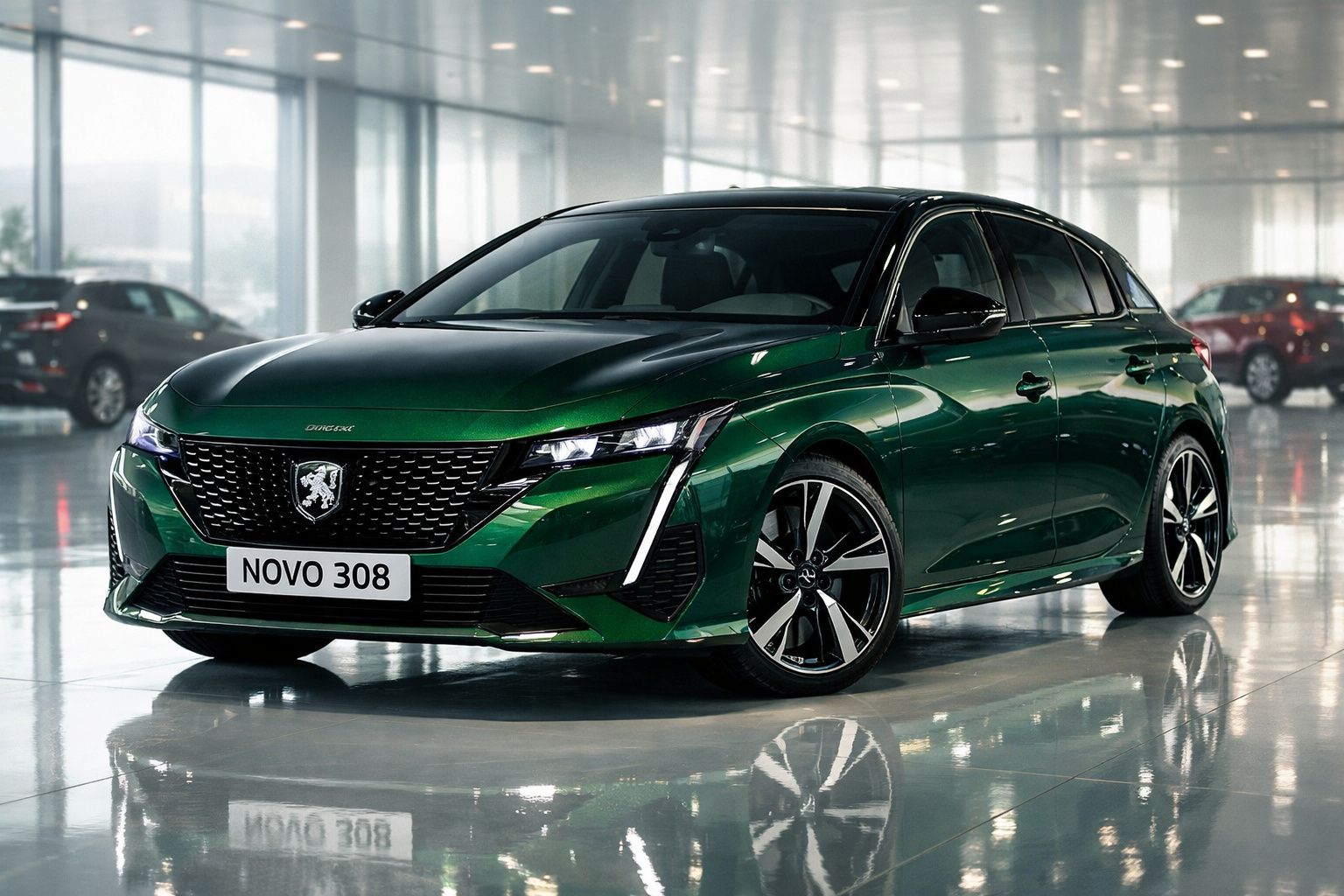 Peugeot Novo 308 verde escuro estacionado em ambiente interno com chão brilhante refletindo o carro.