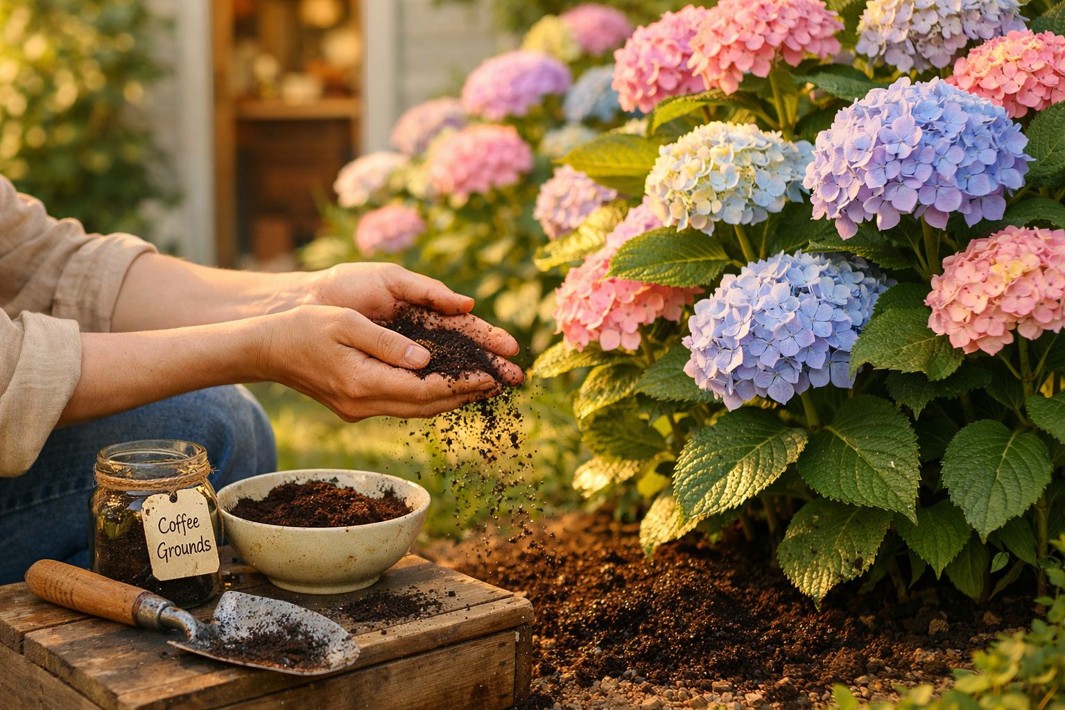 Pessoa a adubar hortênsias com borra de café num jardim ensolarado.
