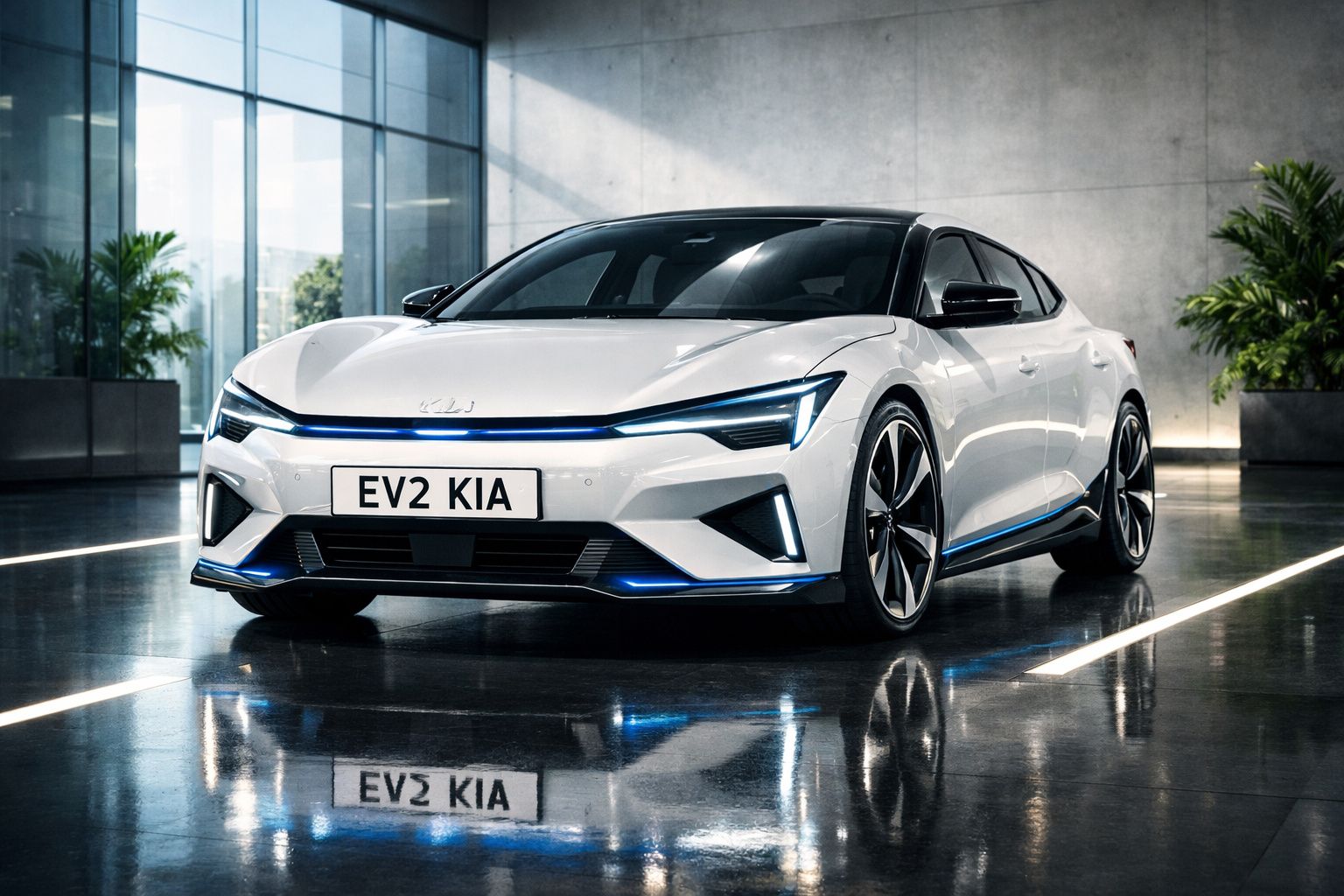 Carro elétrico branco Kia EV2 estacionado em pavimento escuro, com reflexos e fundo de vidro e plantas.
