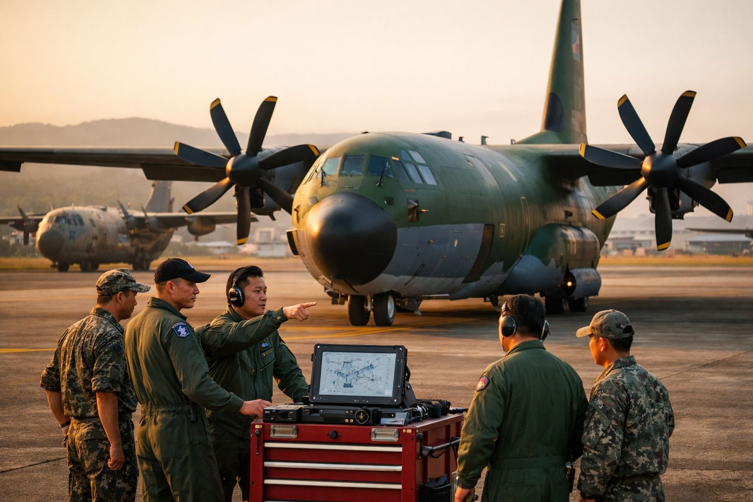 Cinco militares em uniforme perto de avião militar C-130 estacionado no aeródromo ao pôr do sol.
