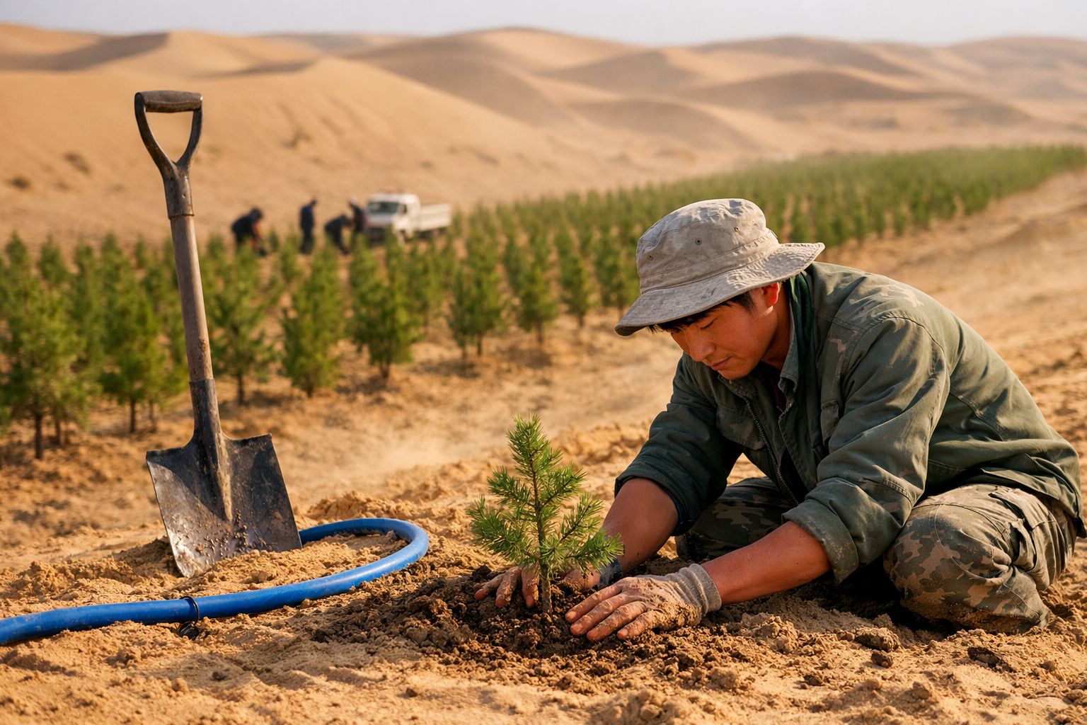 Homem a plantar uma pequena árvore num terreno árido com uma pá e mangueira ao lado.