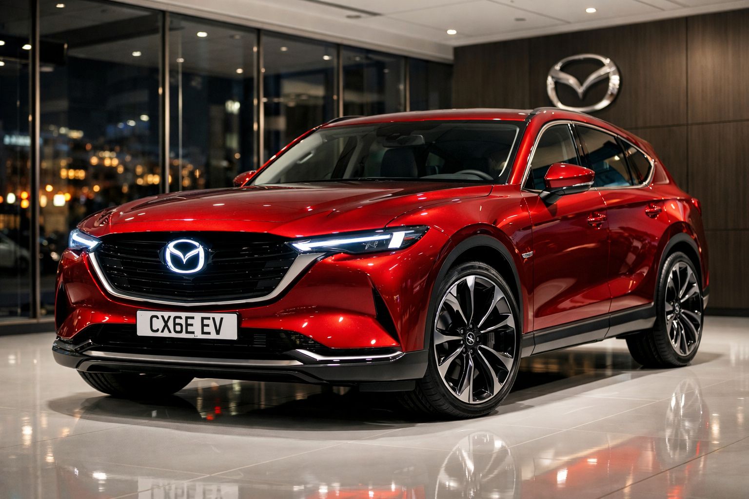 Carro SUV Mazda vermelho brilhante estacionado em showroom moderno com iluminação refletida no chão.