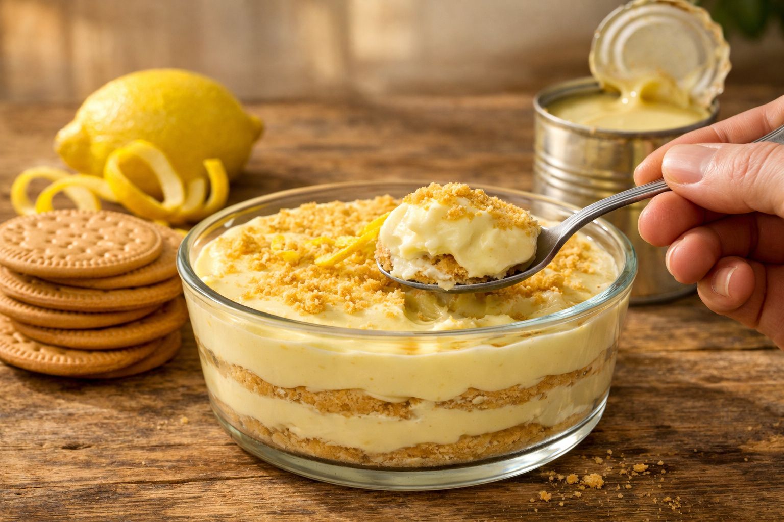 Tigela de sobremesa de limão com camadas de creme e bolacha, acompanhada de limão e bolachas ao lado.