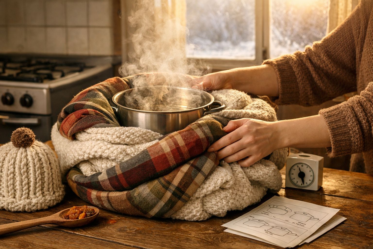 Mãos seguram panela a ferver envolta em mantas quentes numa cozinha com jarro, receita e relógio analógico.