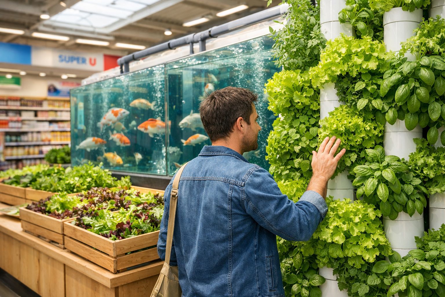 Homem a observar e tocar alfaces cultivadas em torres verticais dentro de supermercado moderno.