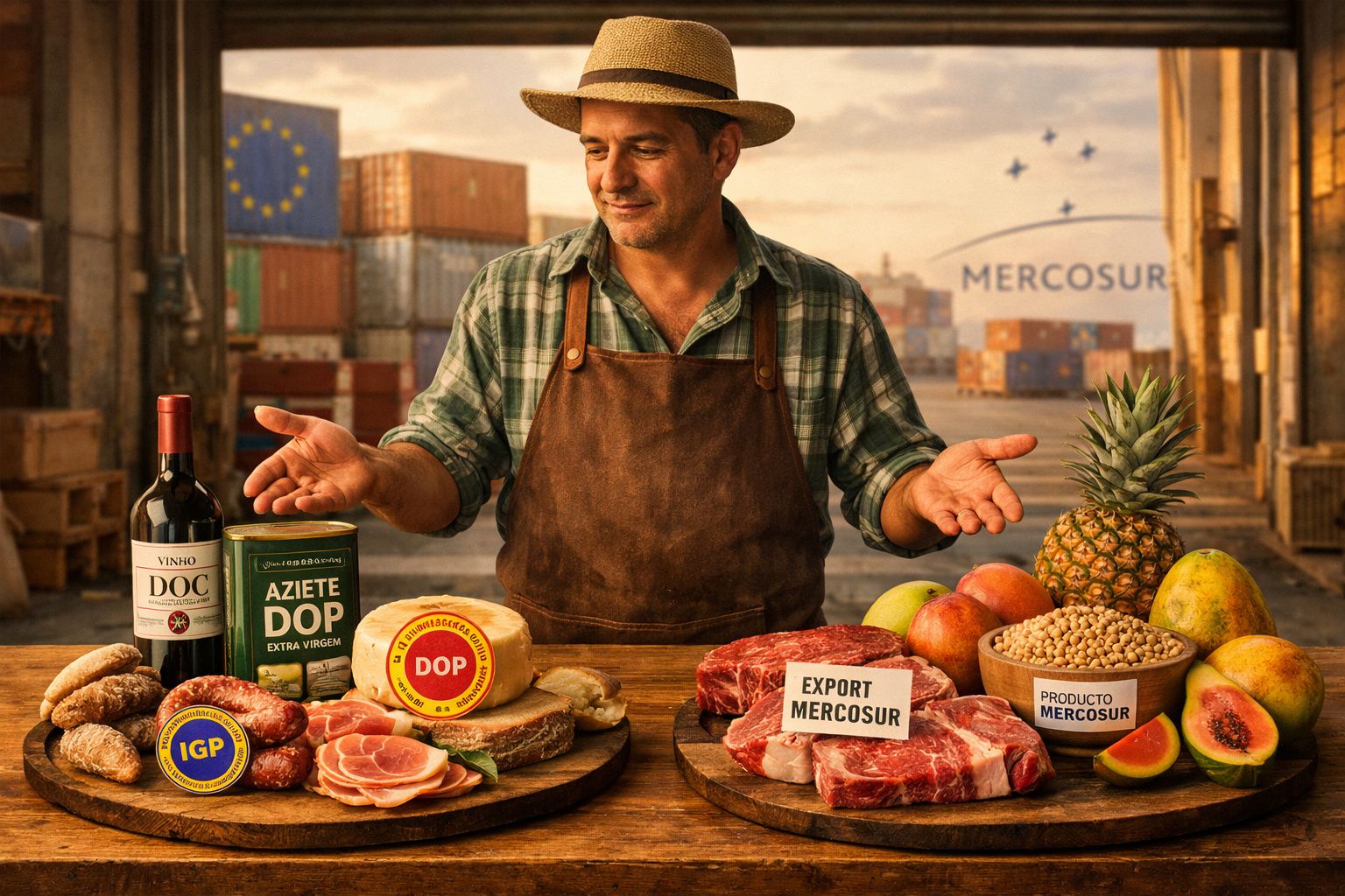 Homem apresenta produtos alimentares europeus e do Mercosul num mercado com simbolos das duas regiões ao fundo.