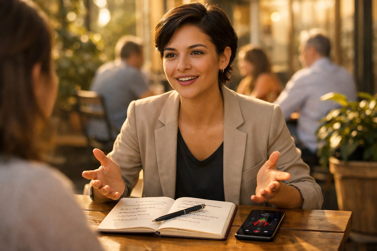 Mulher sorridente a conversar em café, com caderno e smartphone na mesa à sua frente.