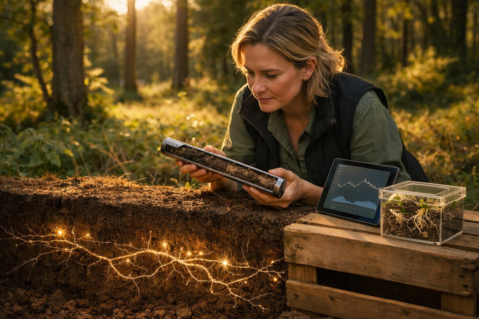 Mulher analisa amostra de solo num tubo, ao lado de tablet com gráfico e caixa com plantas, em floresta iluminada.