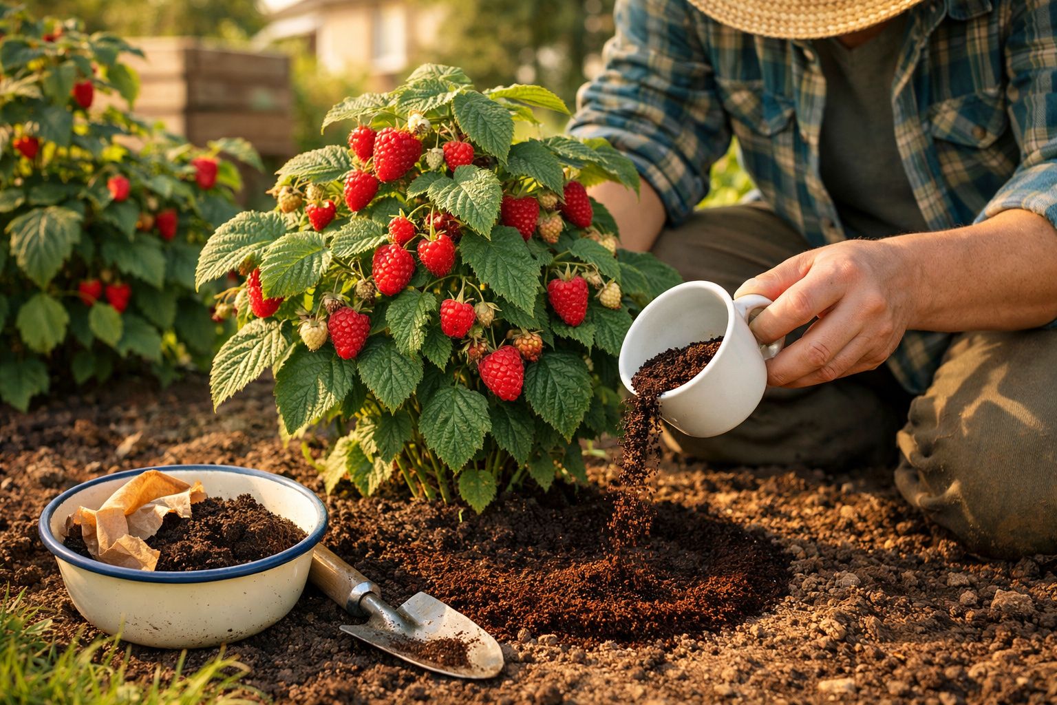 Pessoa a retirar borra de café usada de uma chávena para adubar planta de framboesas no jardim.