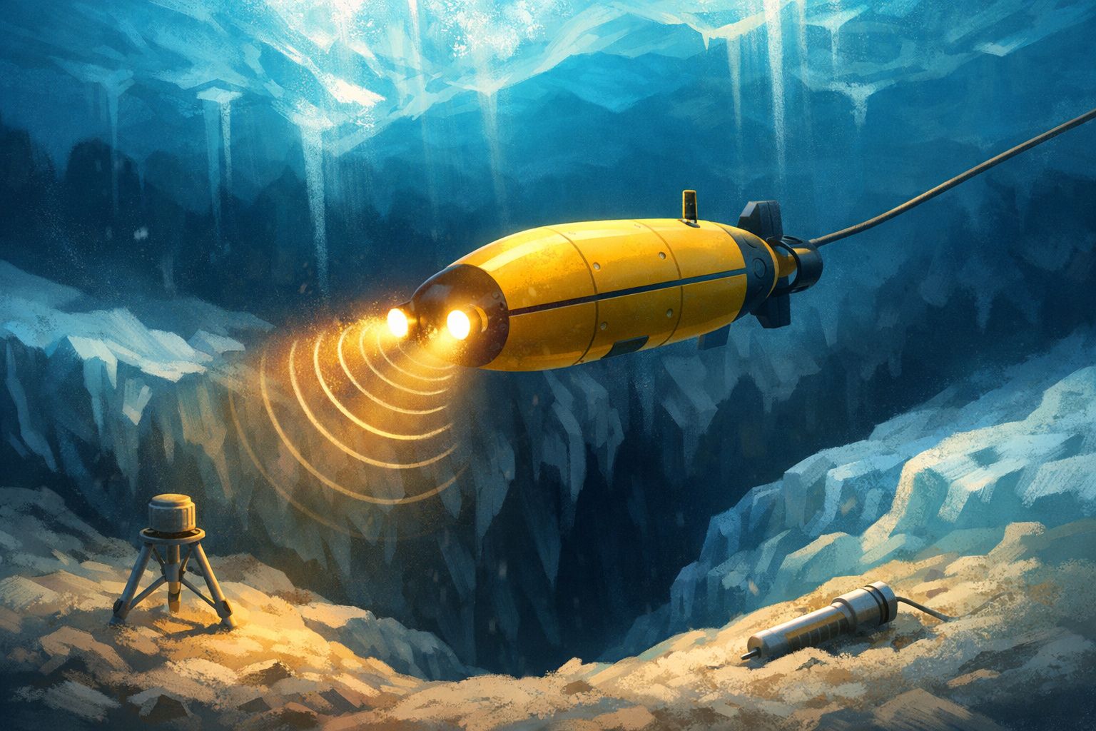 Submarino amarelo com luzes e sonar explora área profunda subaquática rochosa com equipamento no fundo do mar.