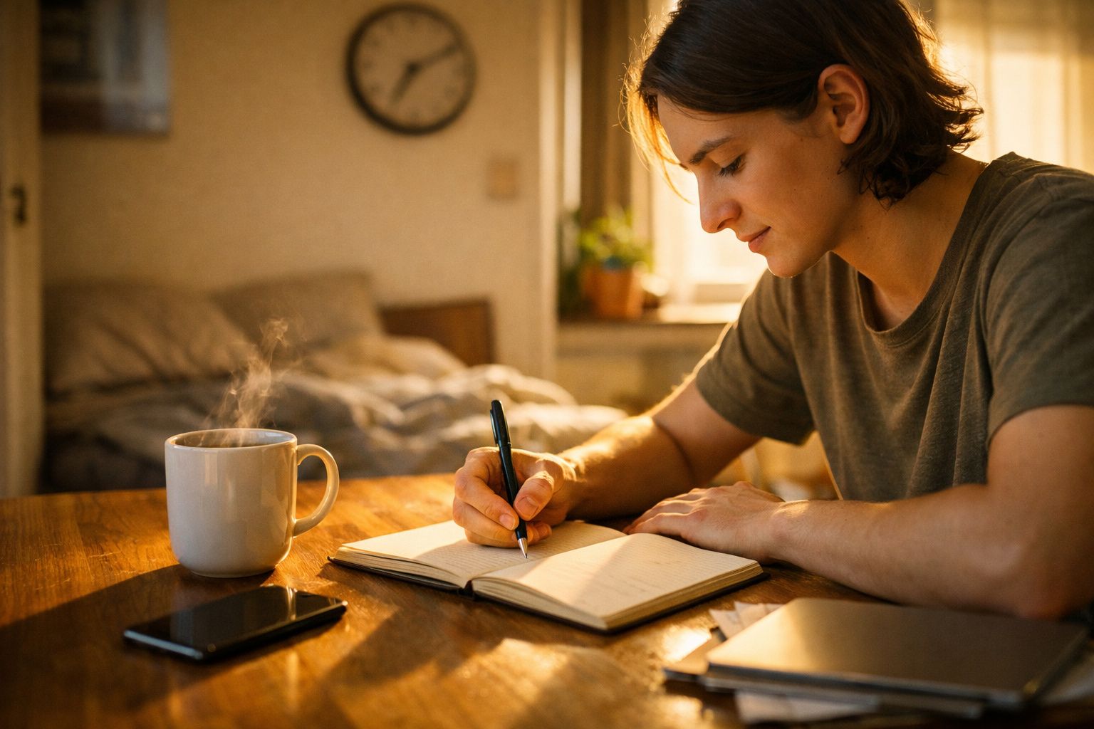 Jovem a escrever num caderno à mesa com uma chávena de café quente e telemóvel ao lado, em ambiente acolhedor.