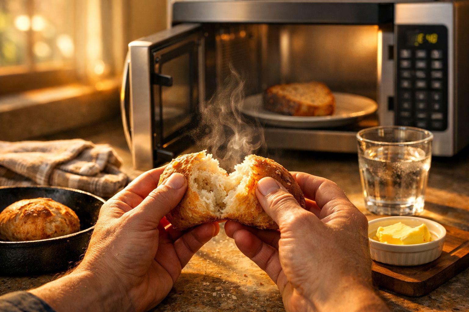 Mãos a partir um pão quente, com vapor, perto de micro-ondas e manteiga numa cozinha iluminada.