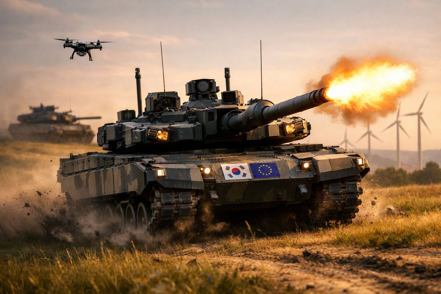 Tanque militar com bandeiras da Coreia do Sul e da União Europeia disparando em campo aberto com drone voando acima.