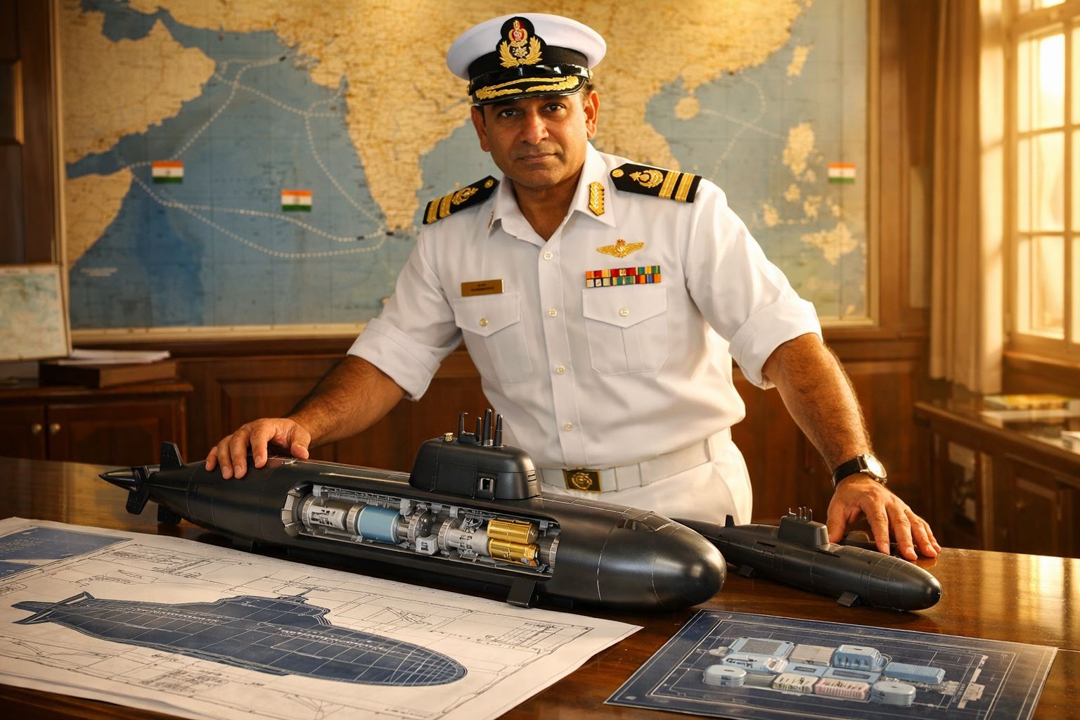 Oficial naval indiano em uniforme branco ao lado de maquete e projetos técnicos de submarino numa sala com mapa marítimo.