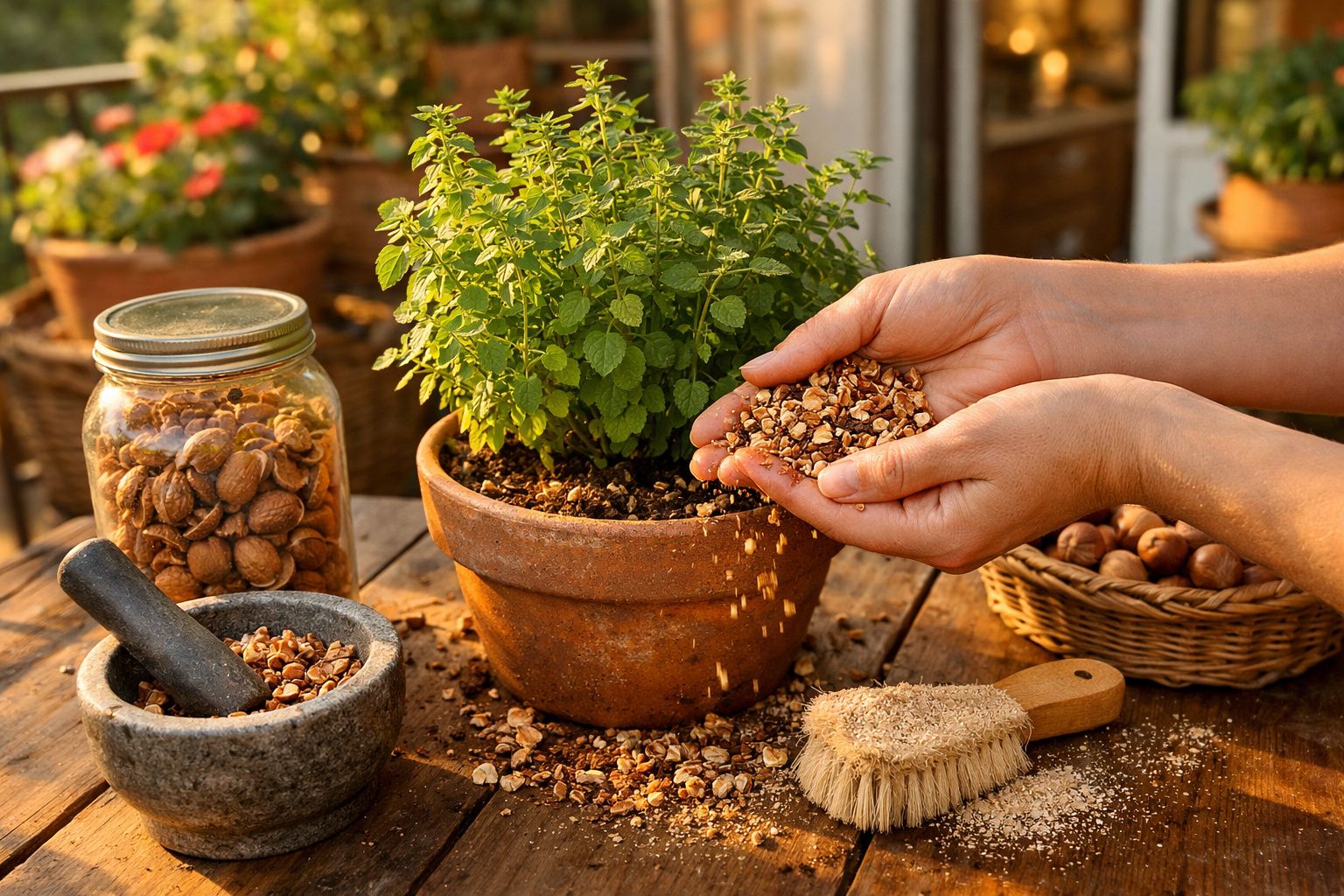 Mãos seguram sementes esmagadas ao lado de vaso com planta, almofariz, frasco com nozes e escova numa mesa de madeira.