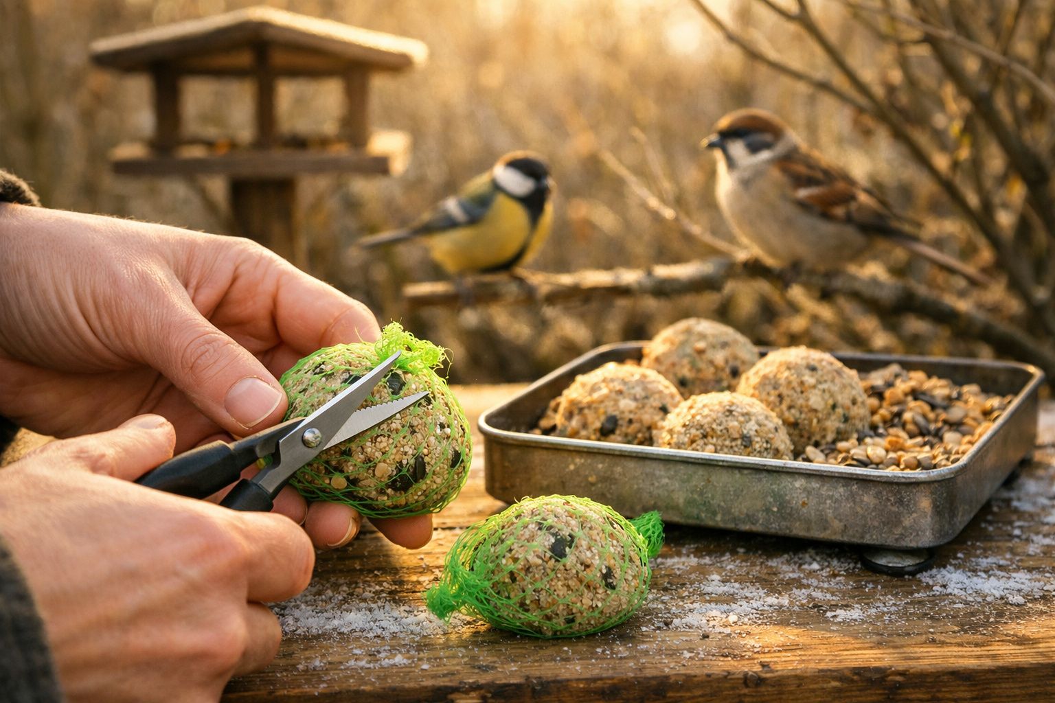 Mãos cortam rede com bolas de sementes junto de pássaros e bandeja com comida para aves ao ar livre.