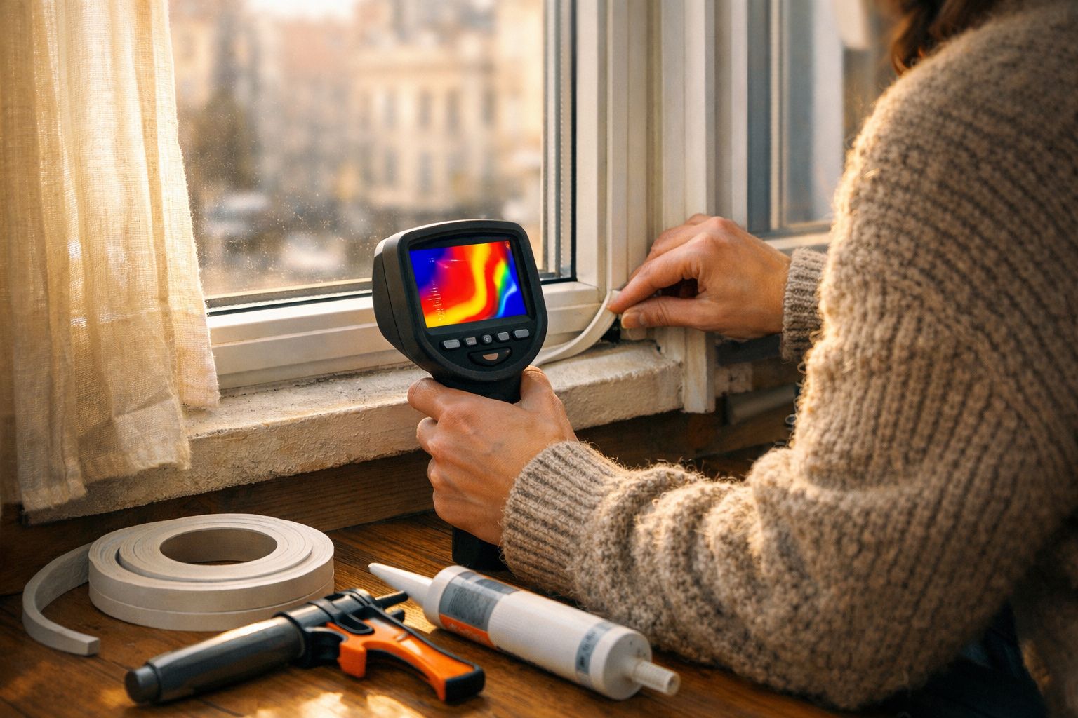 Pessoa a usar câmara termográfica para detetar fugas de calor junto a janela, com ferramentas em cima da mesa.