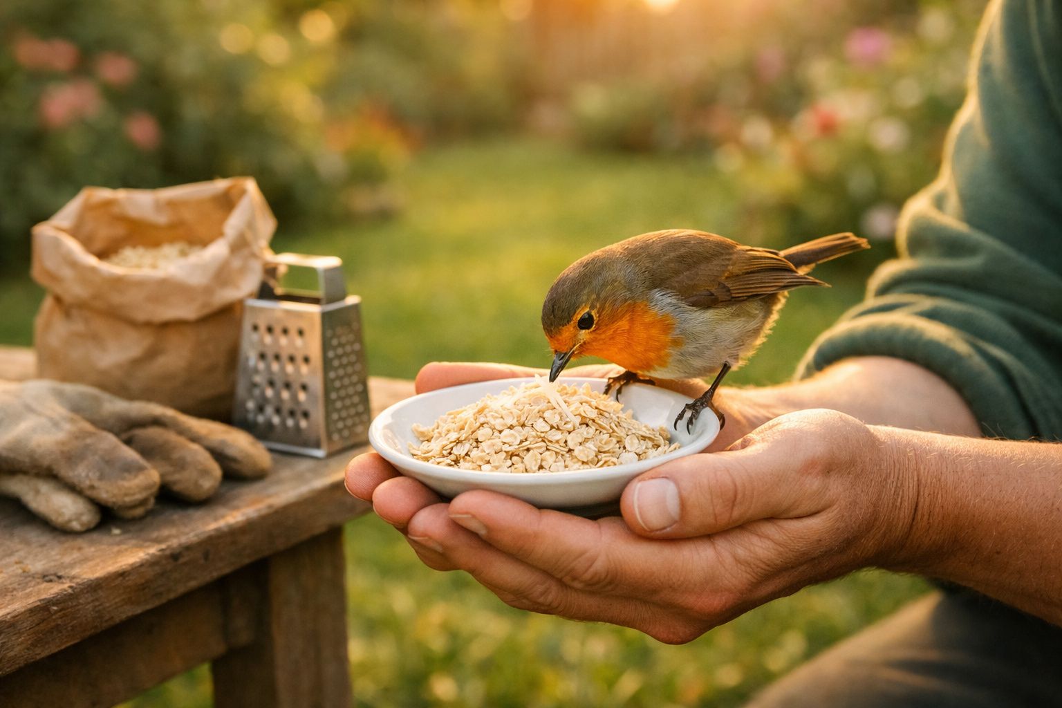 Pássaro com peito alaranjado pousado em prato com aveia nas mãos de uma pessoa ao ar livre.