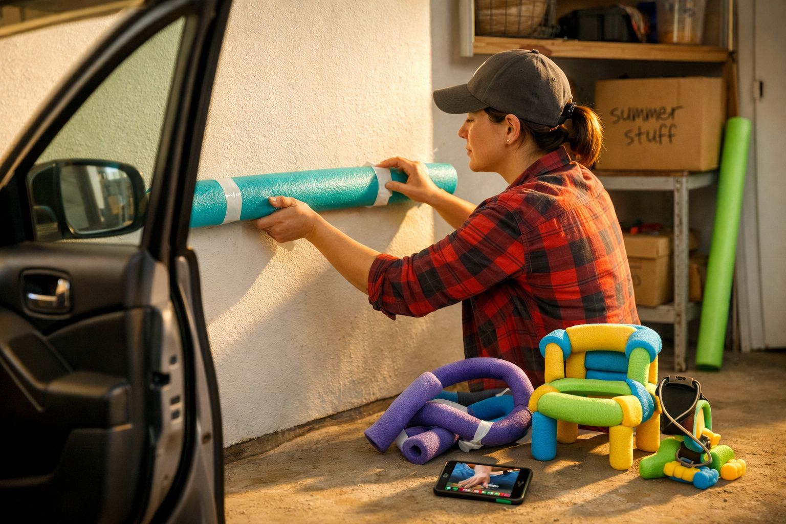 Pessoa a prender uma espuma azul na parede numa garagem com várias espumas coloridas no chão.