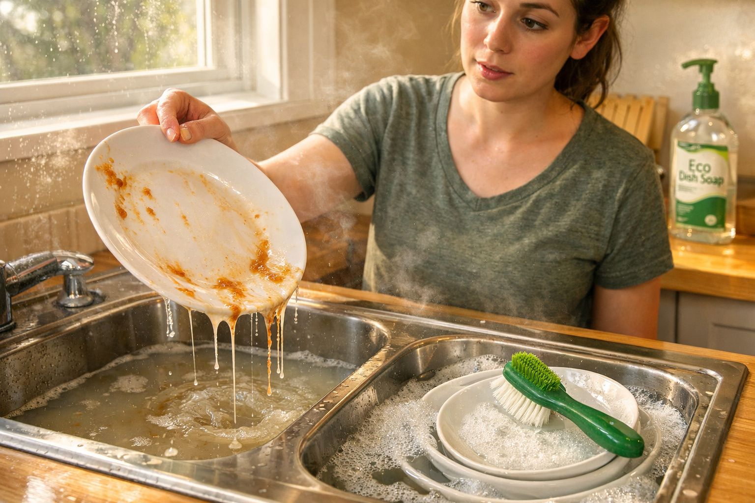 Pessoa a lavar loiça suja com detergente ecológico numa cozinha iluminada pela luz natural.