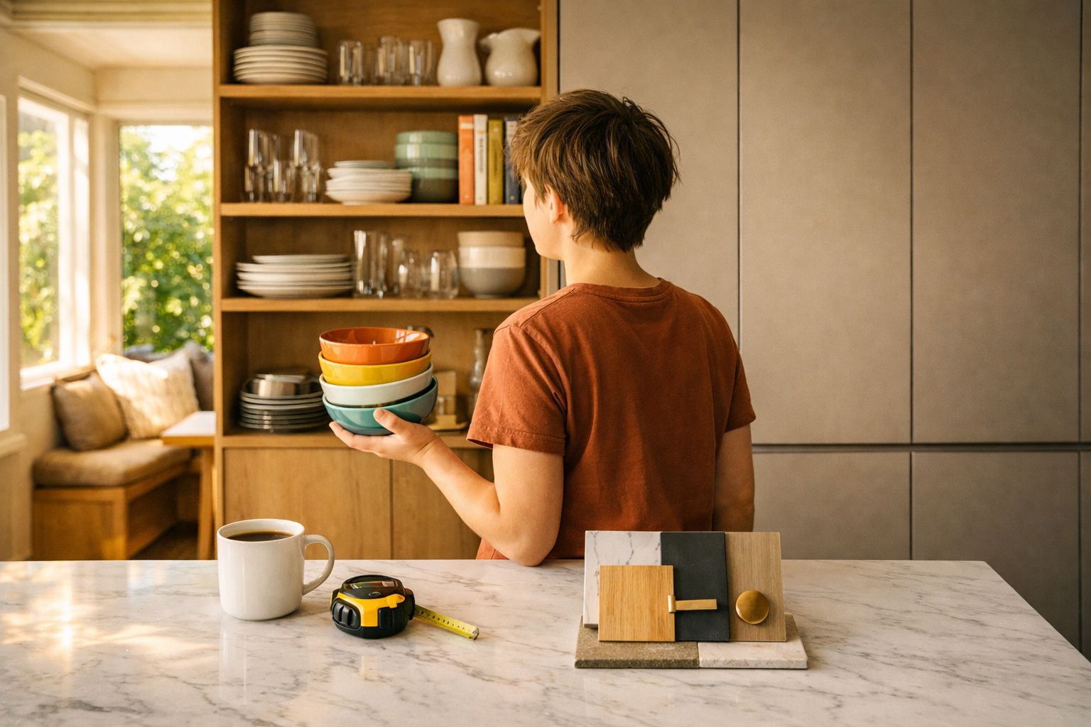Pessoa de costas numa cozinha segurando tigelas coloridas à frente de uma estante com loiça e copos.