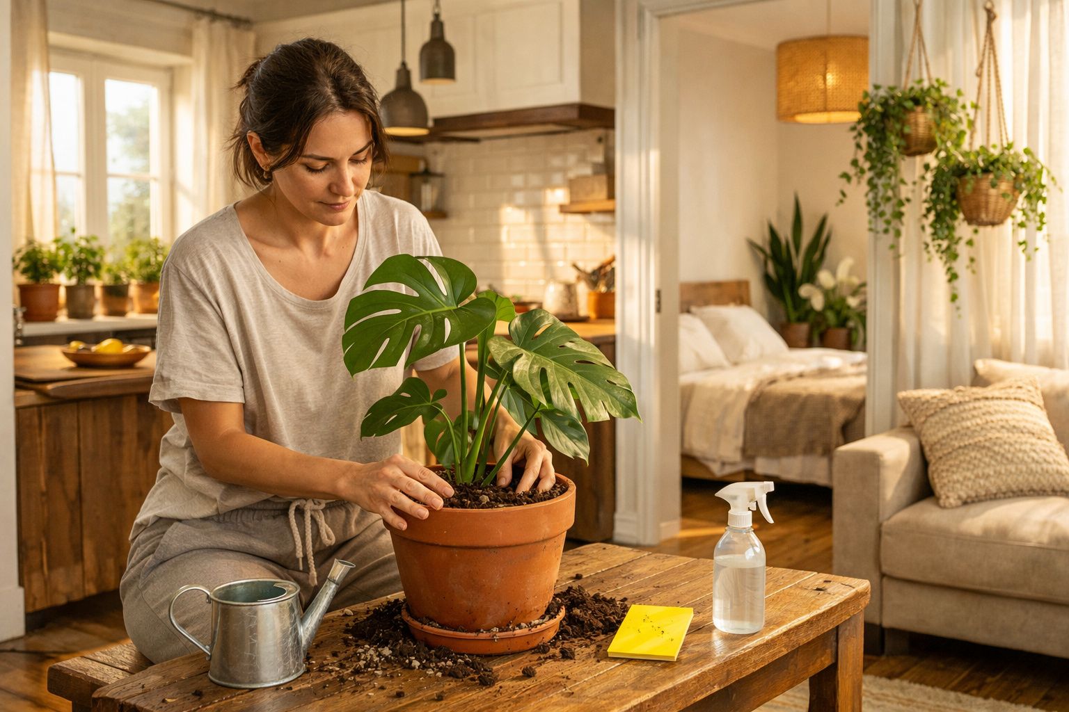 Mulher a cuidar de planta em vaso de barro numa sala acolhedora com decoração natural e luz solar.