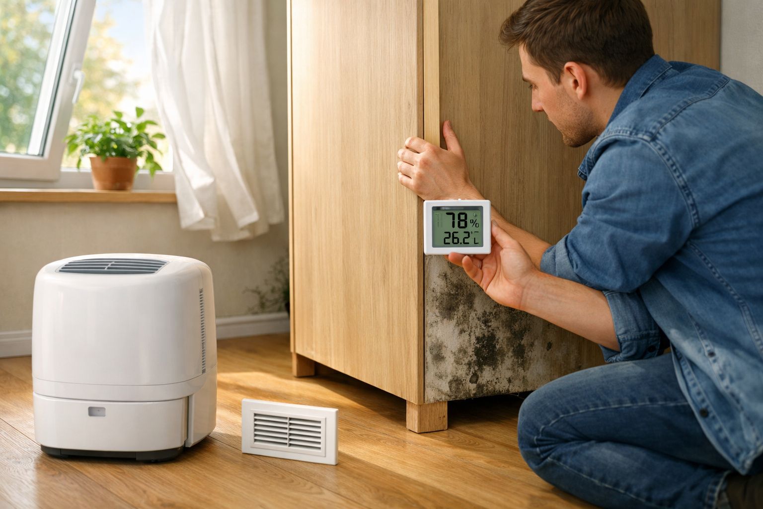 Homem mede a humidade e temperatura numa parede com mofos junto a um móvel de madeira.