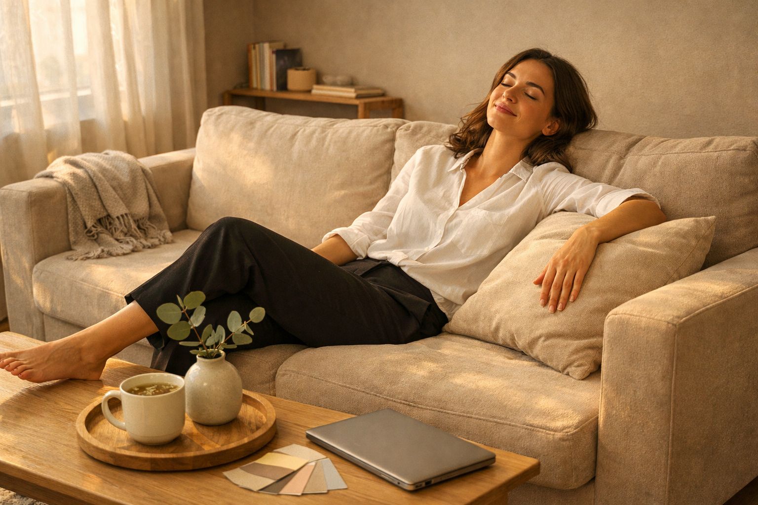 Mulher relaxa no sofá bege com olhos fechados numa sala iluminada e acolhedora.