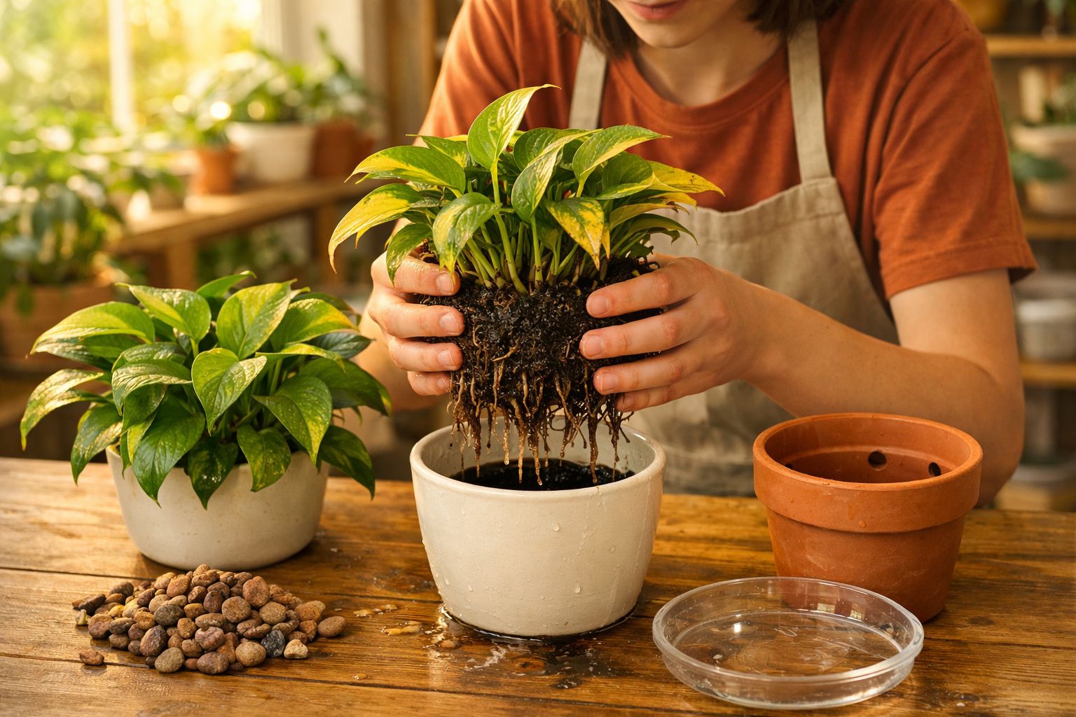Pessoa a transplantar planta verde para vaso branco numa mesa de madeira com terra e vasos.