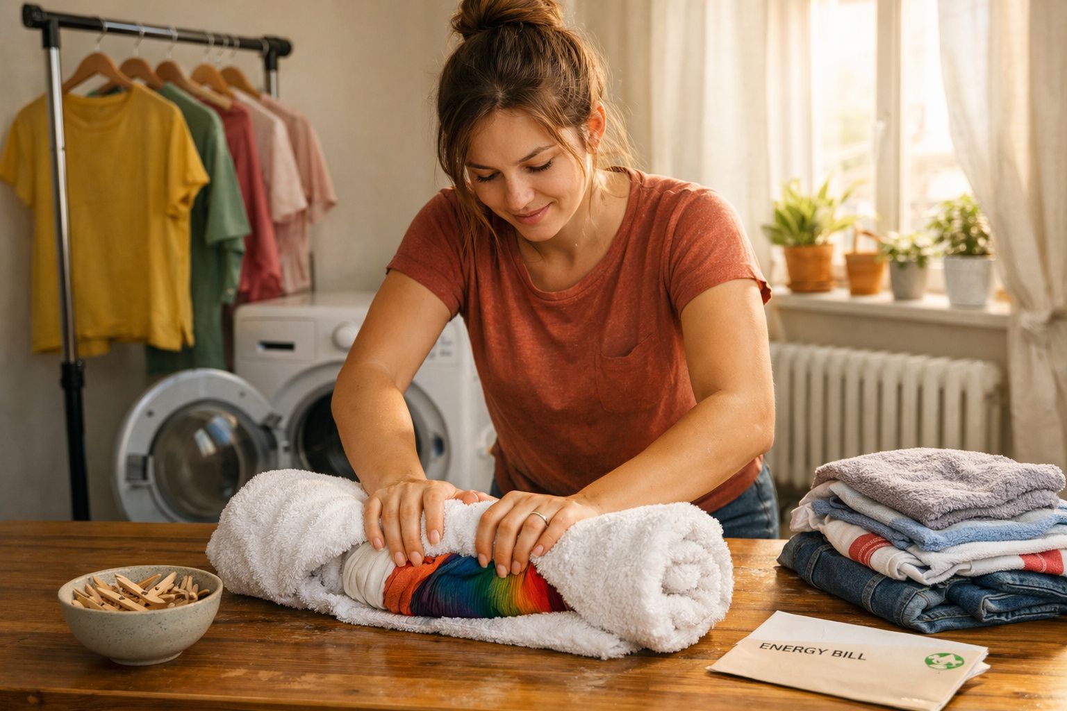 Mulher a enrolar roupa colorida numa toalha branca numa divisão com máquina de lavar e plantas na janela.