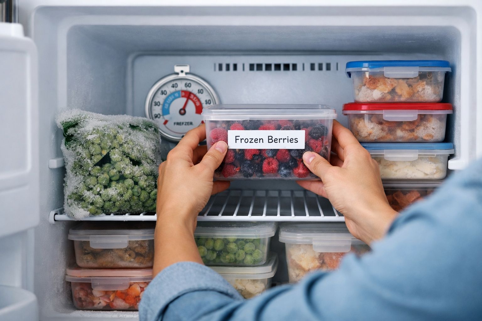 Mãos a guardar caixa de frutos vermelhos congelados numa arca frigorífica organizada com caixas e legumes congelados.