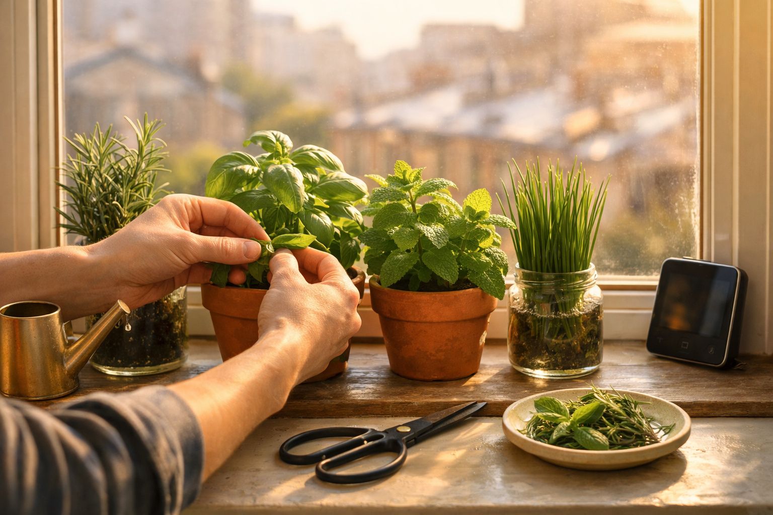 Mãos a apanharem folhas de ervas aromáticas num parapeito de janela com plantas em vasos e utensílios.
