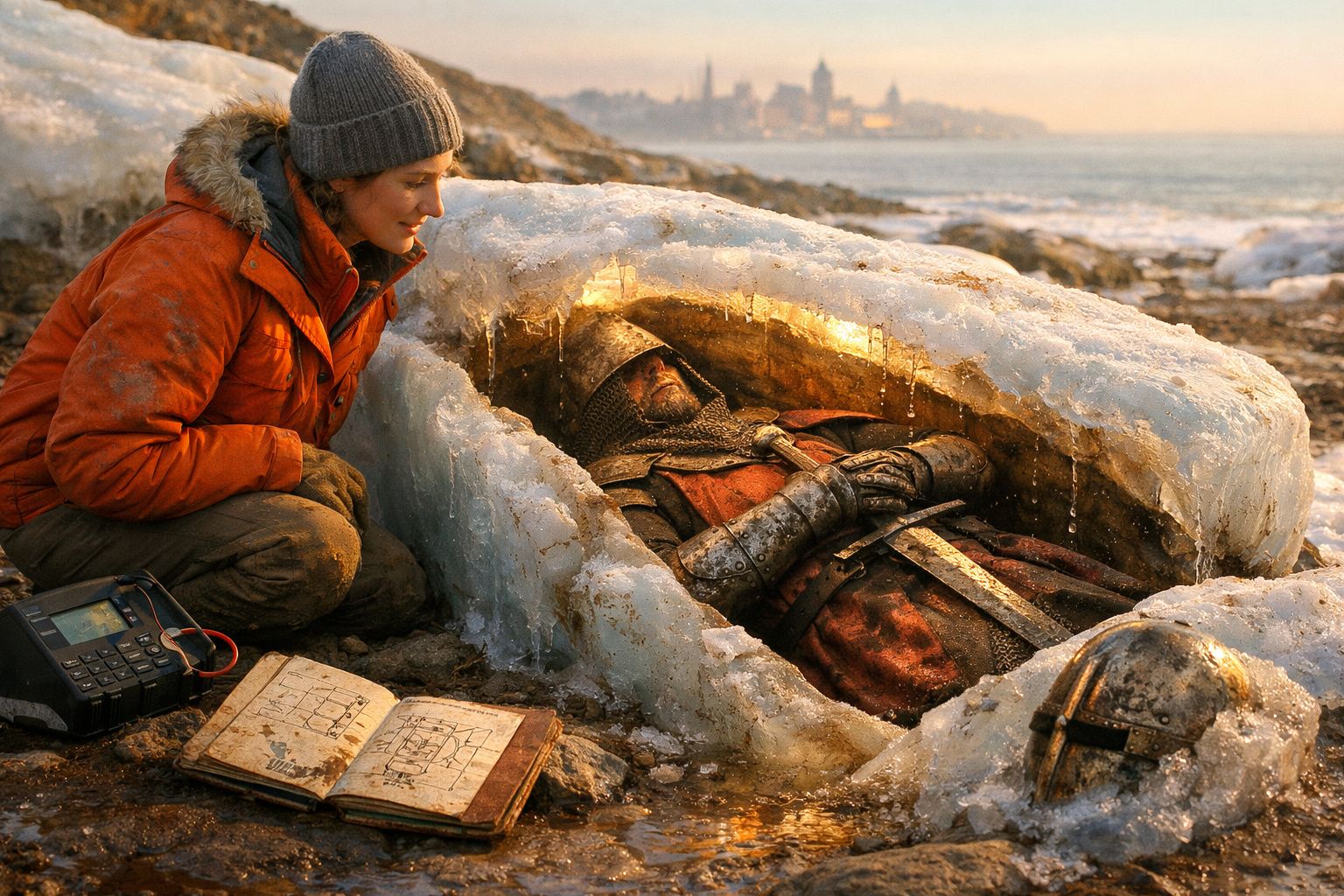 Mulher de casaco laranja junto a câmara de gelo com cavaleiro medieval congelado no interior, na praia.