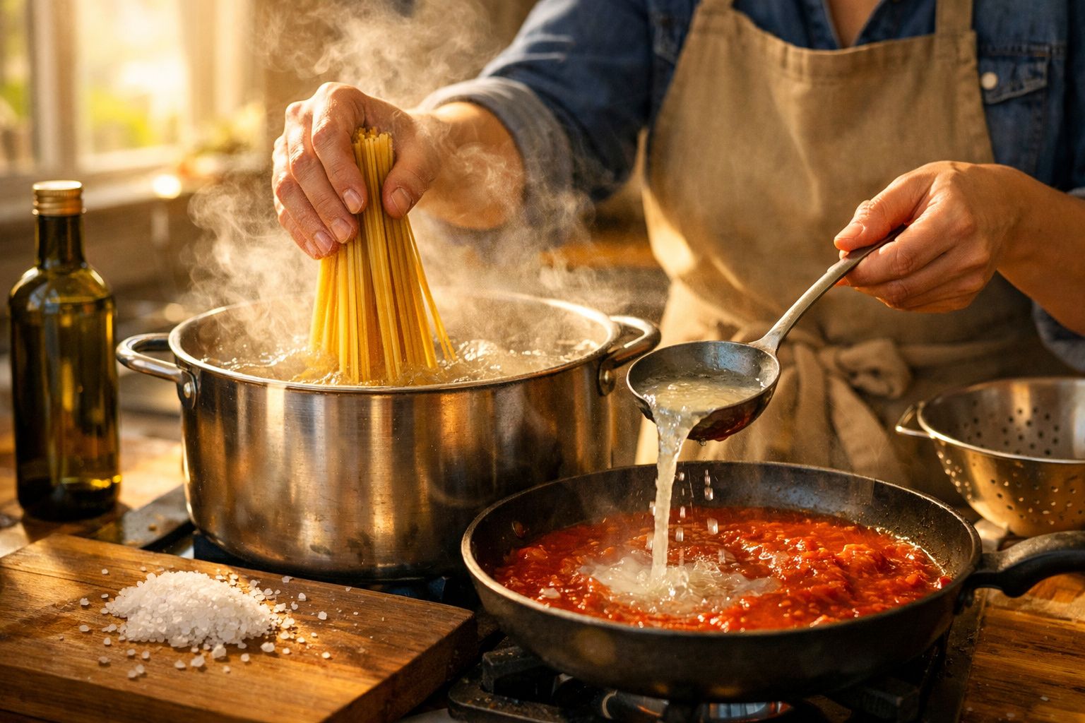 Pessoa a cozer massa em água fervente e a adicionar água de cozedura ao molho numa cozinha iluminada.