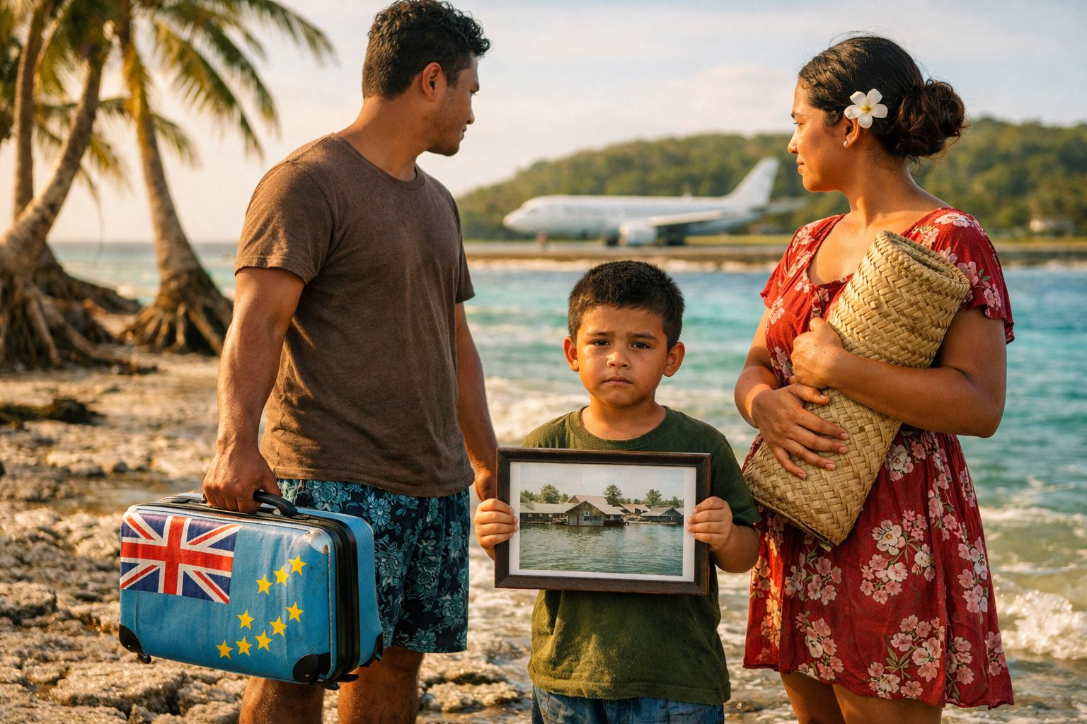 Família na praia com malas, criança segura foto de casas inundadas, avião a descolar ao fundo.