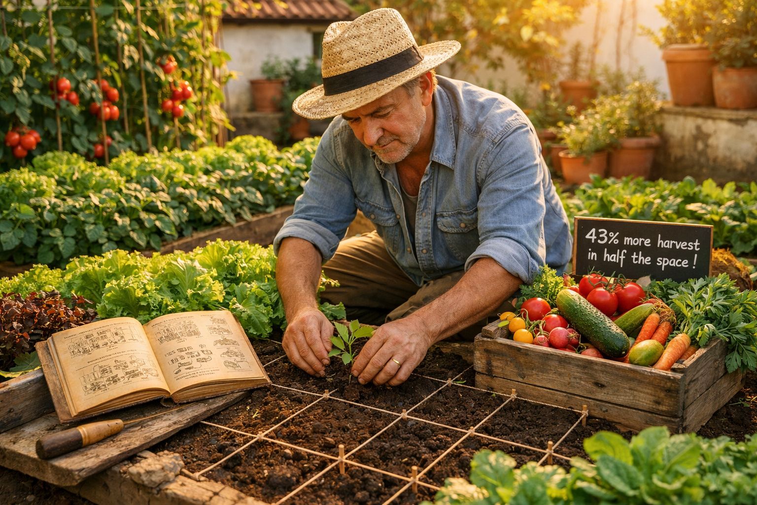 Homem com chapéu a plantar muda em horta urbana organizada com legumes e livro aberto ao lado.