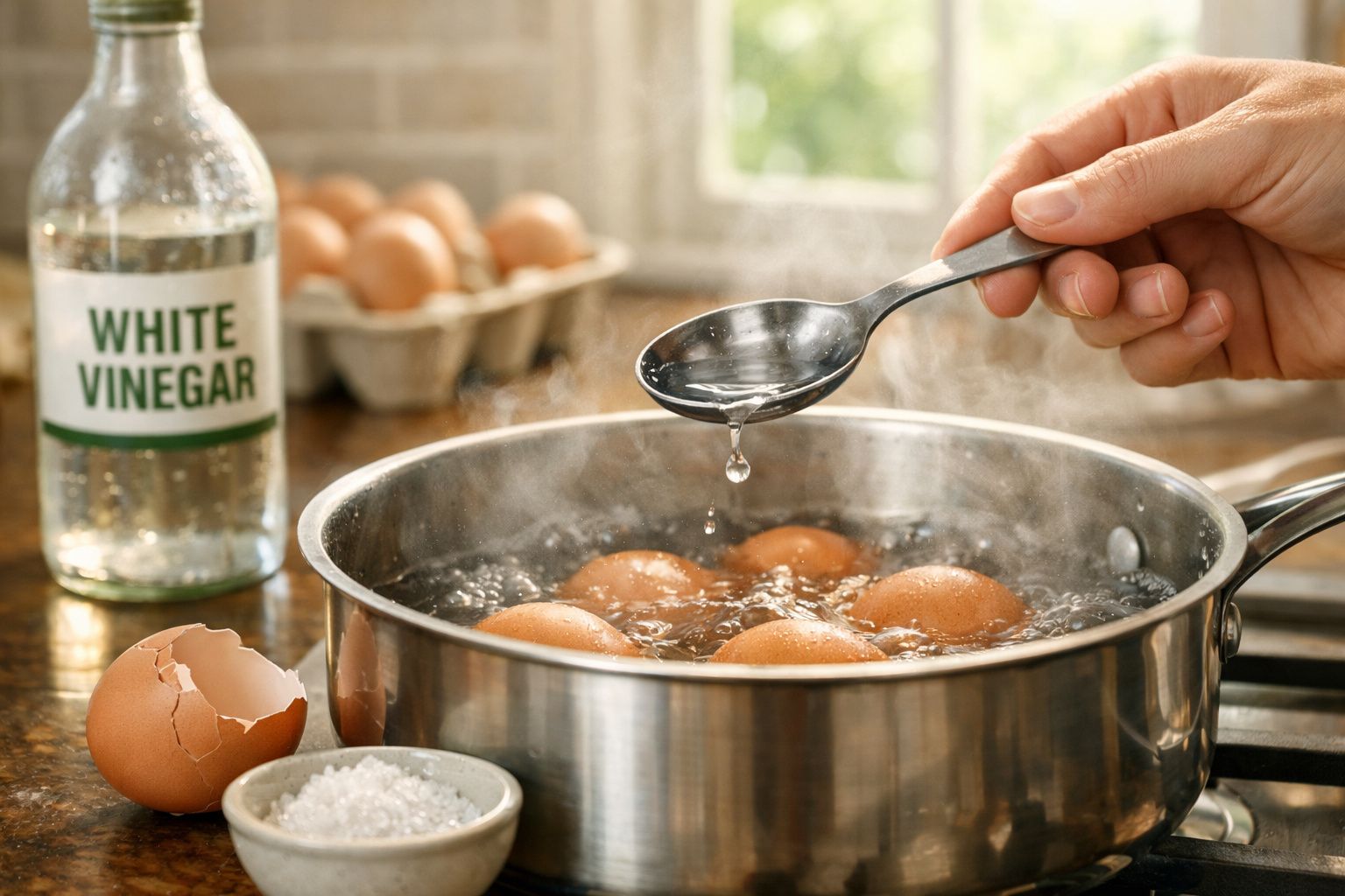 Ovos a cozer numa panela com água a ferver, mão a deitar vinagre com uma colher, casca de ovo partida e sal à frente.