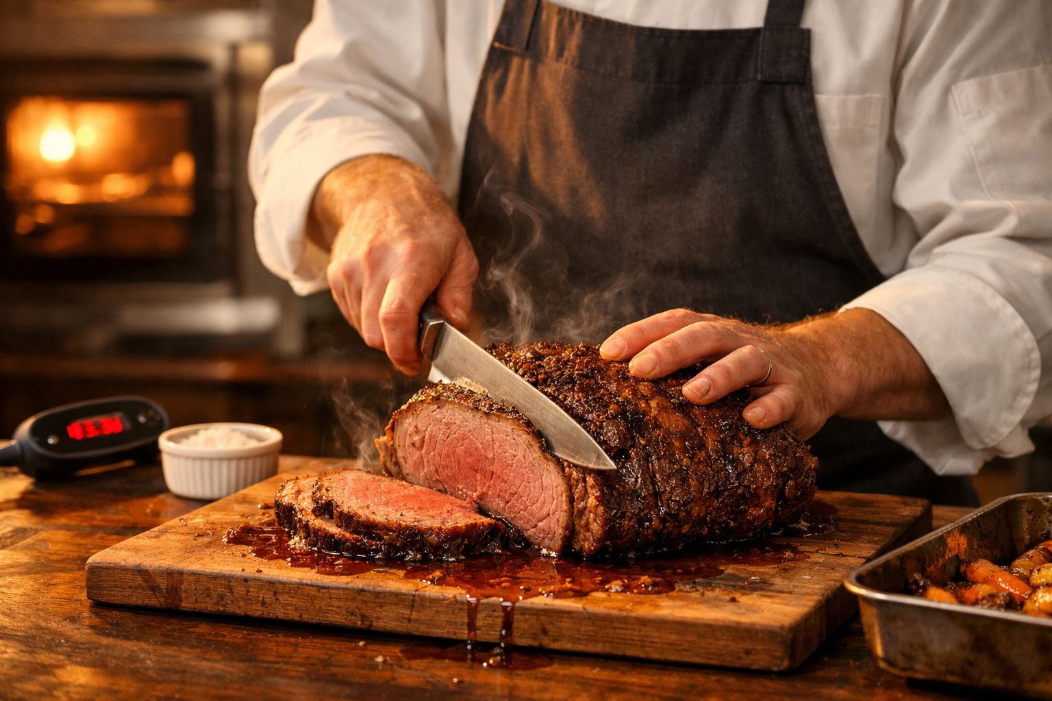 Chef a cortar um pedaço de carne assada suculenta numa tábua de madeira com termómetro digital ao lado.