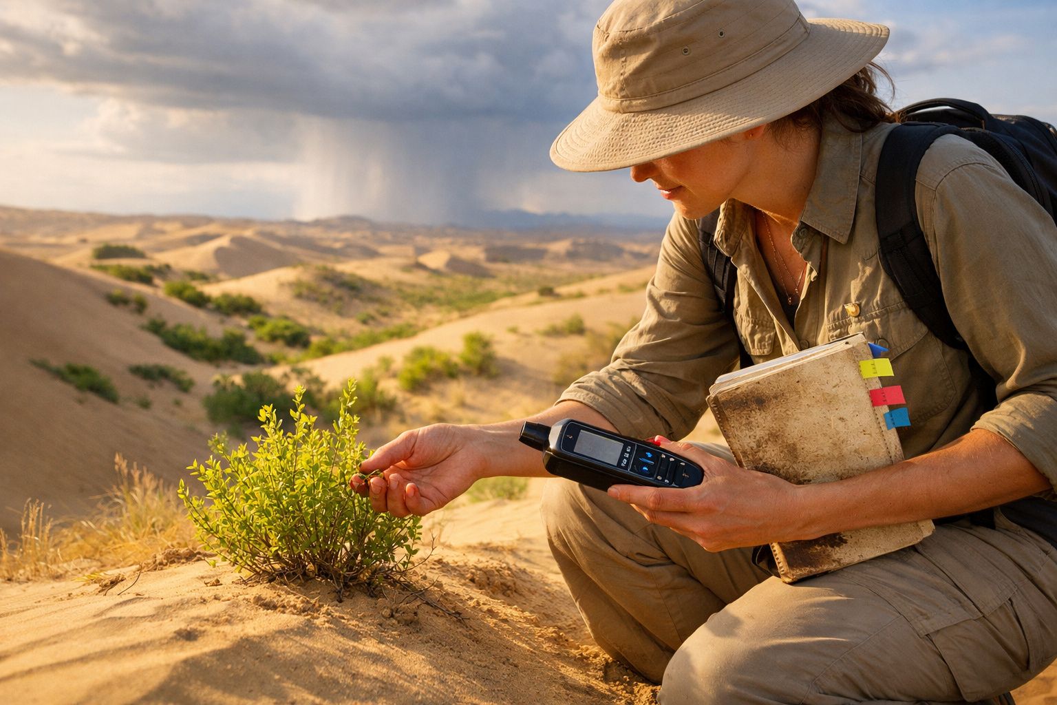 Pessoa com chapéu e roupa de explorador analisa planta com dispositivo electrónico em deserto árido.