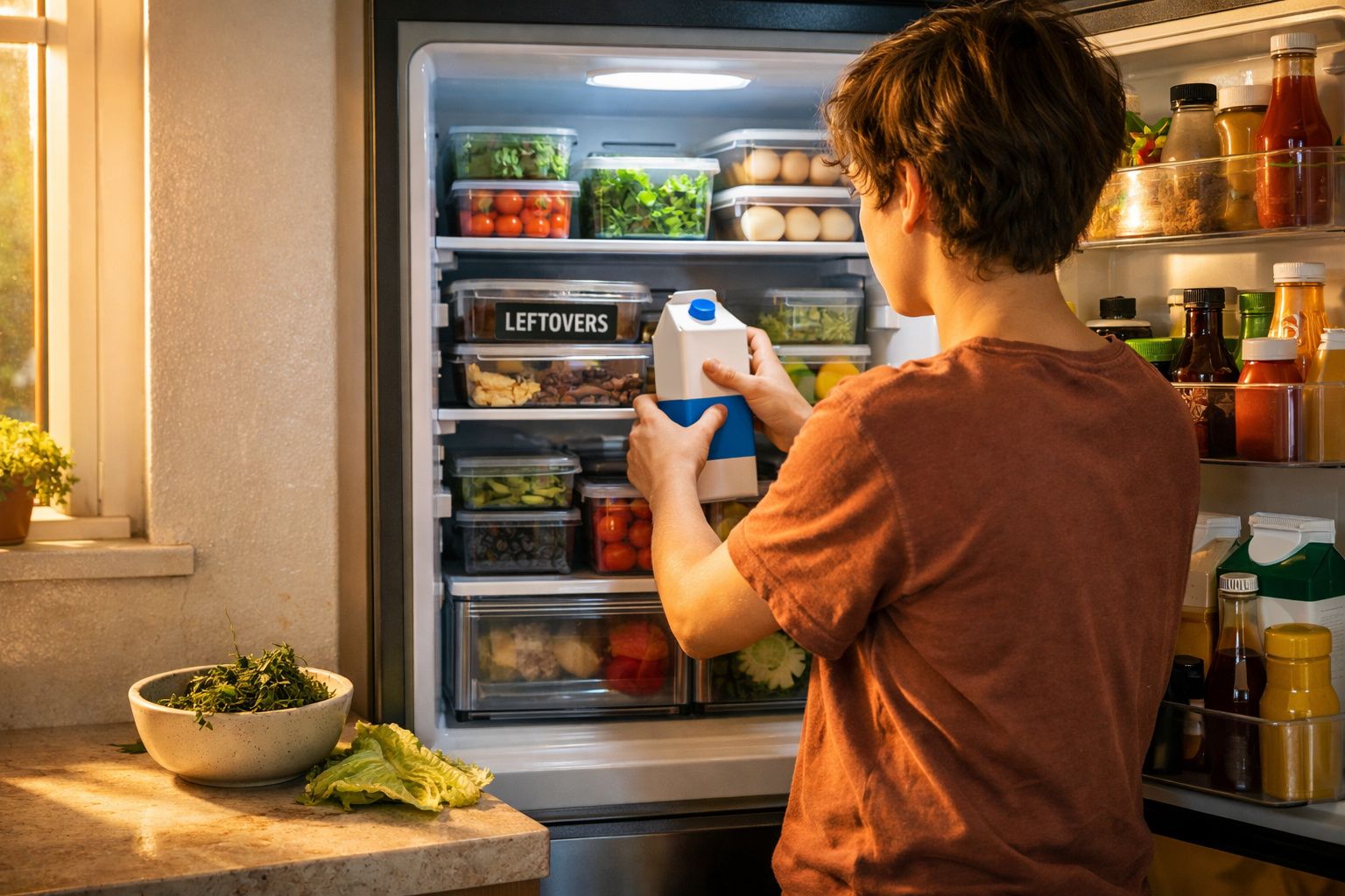 Pessoa a colocar embalagem de leite no frigorífico cheio de alimentos organizados em recipientes transparentes.