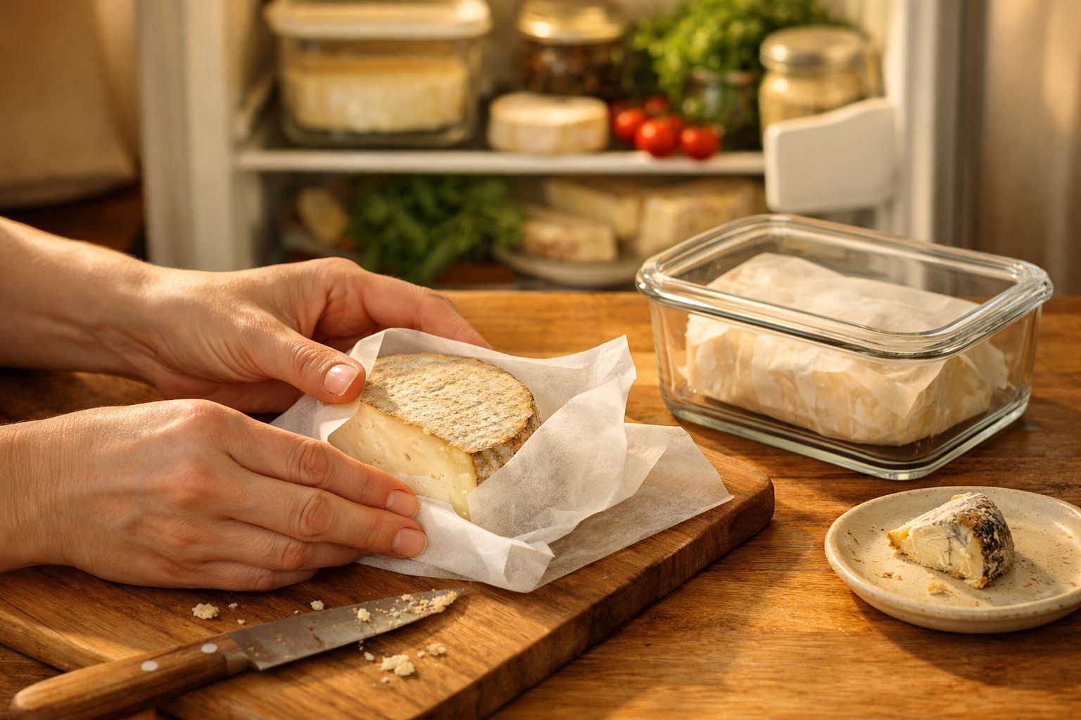 Mãos a embrulhar queijo artesanal em papel vegetal numa tábua de madeira numa cozinha acolhedora.